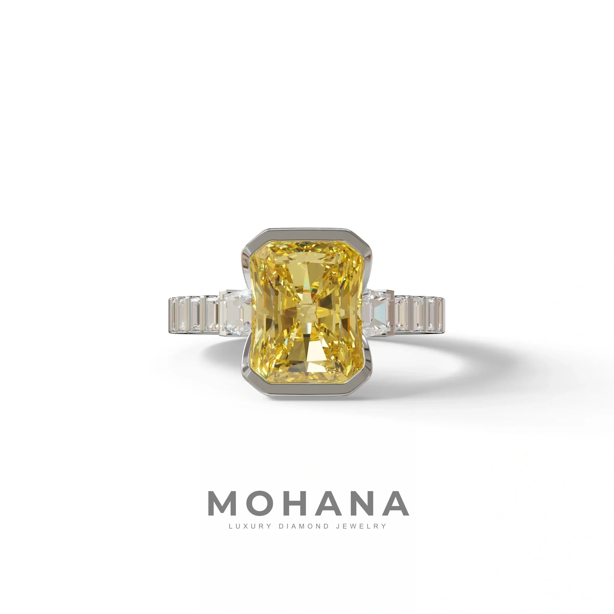 3 Carat Yellow Radiant Cut Three Stone Lab Diamond Engagement Ring - Adiamor - 10K Solid Gold / White Gold