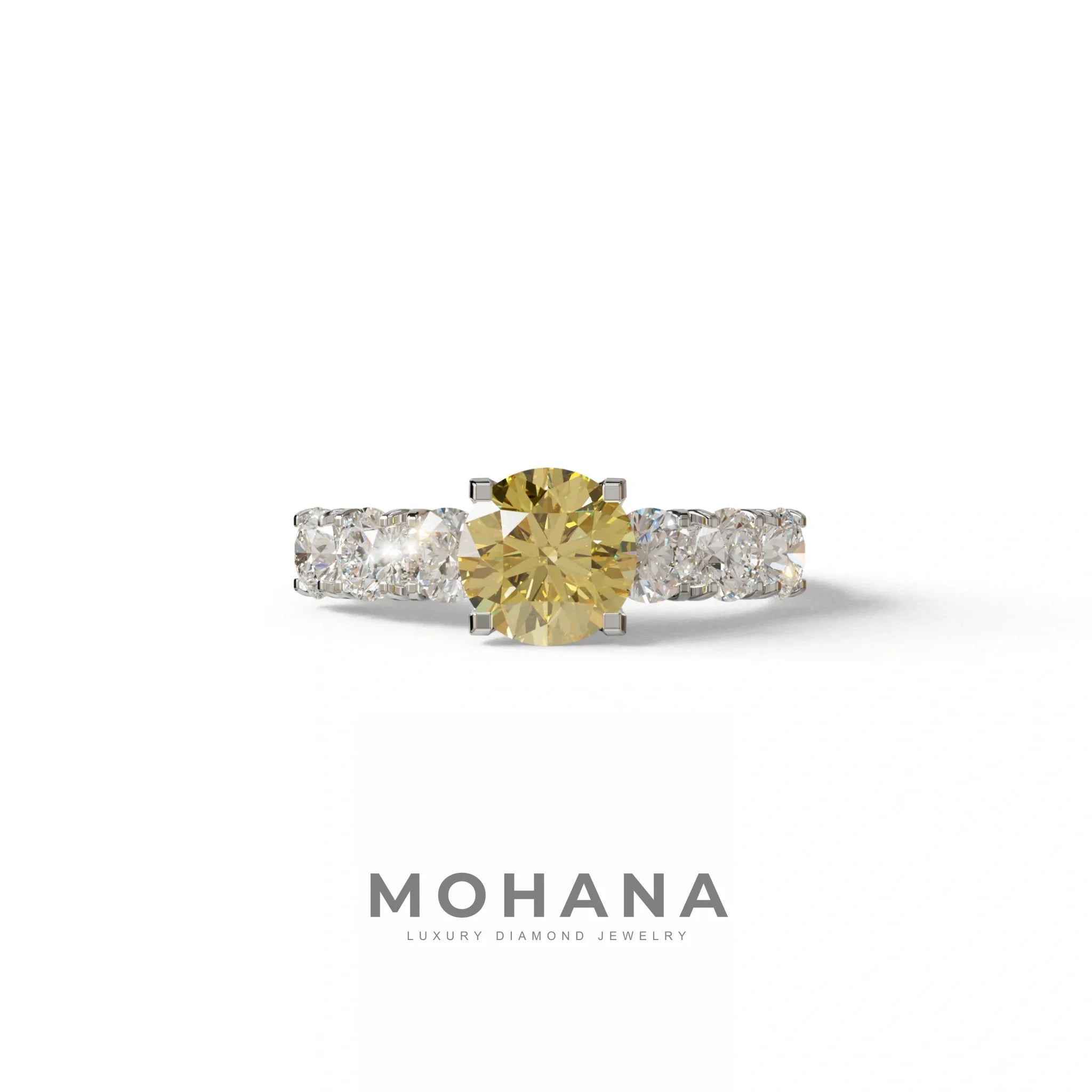 3 Carat Yellow Round Cut Half Eternity Lab Diamond Engagement Ring - Angeleno - 10K Solid Gold / White Gold
