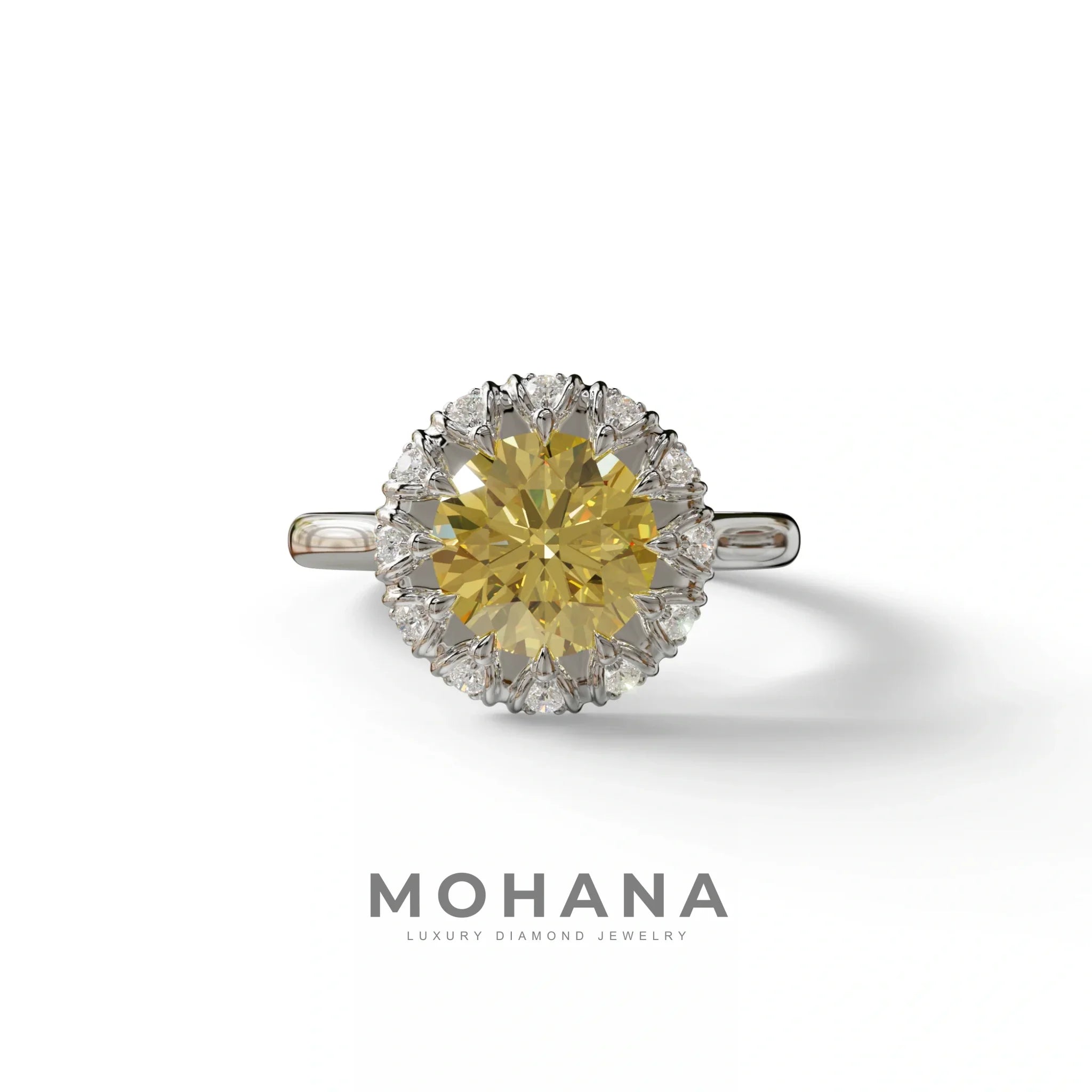 3 Carat Yellow Round Shaped Halo Lab Diamond Ring - Sunflower - 10K Solid Gold / White Gold