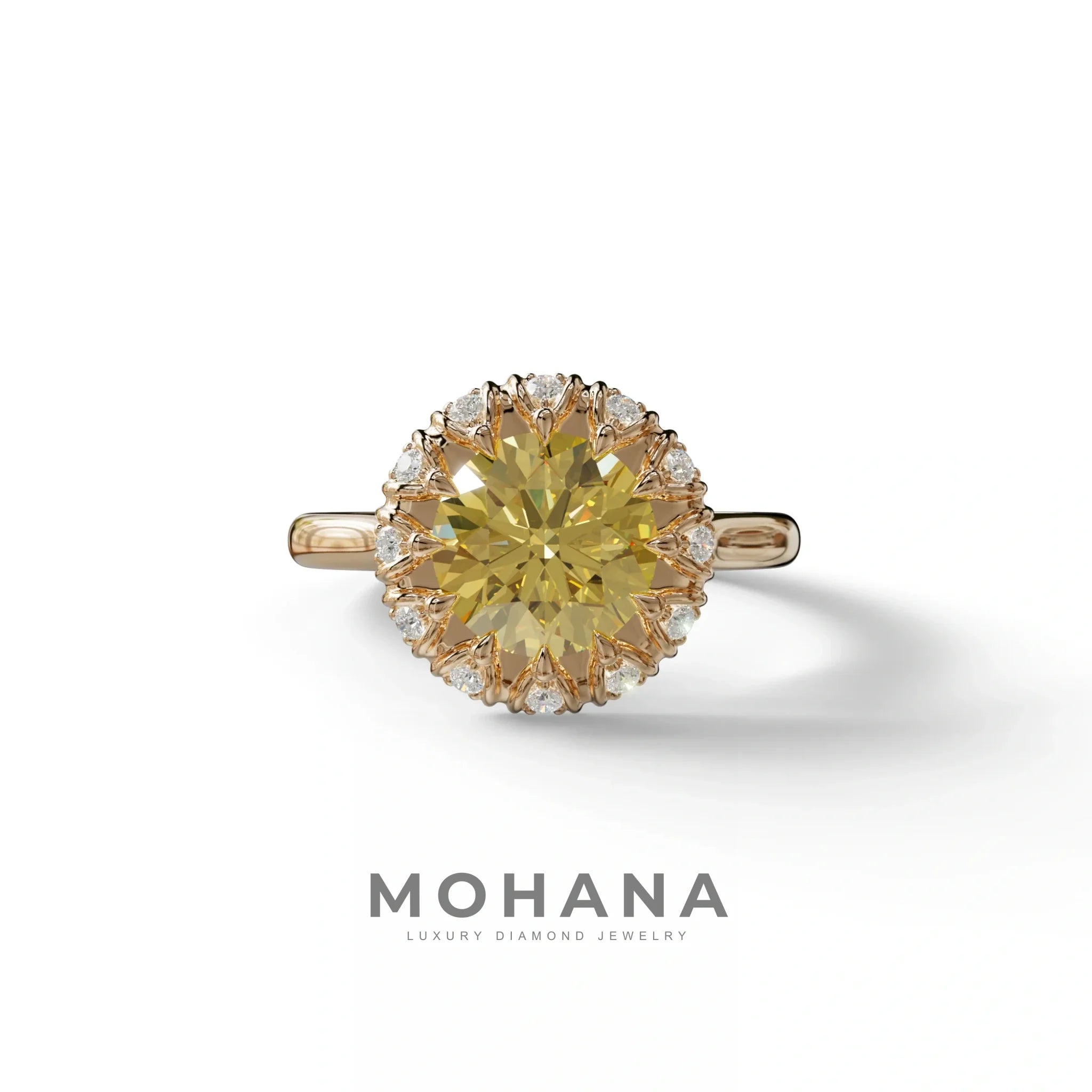 3 Carat Yellow Round Shaped Halo Lab Diamond Ring - Sunflower - 10K Solid Gold / Rose Gold