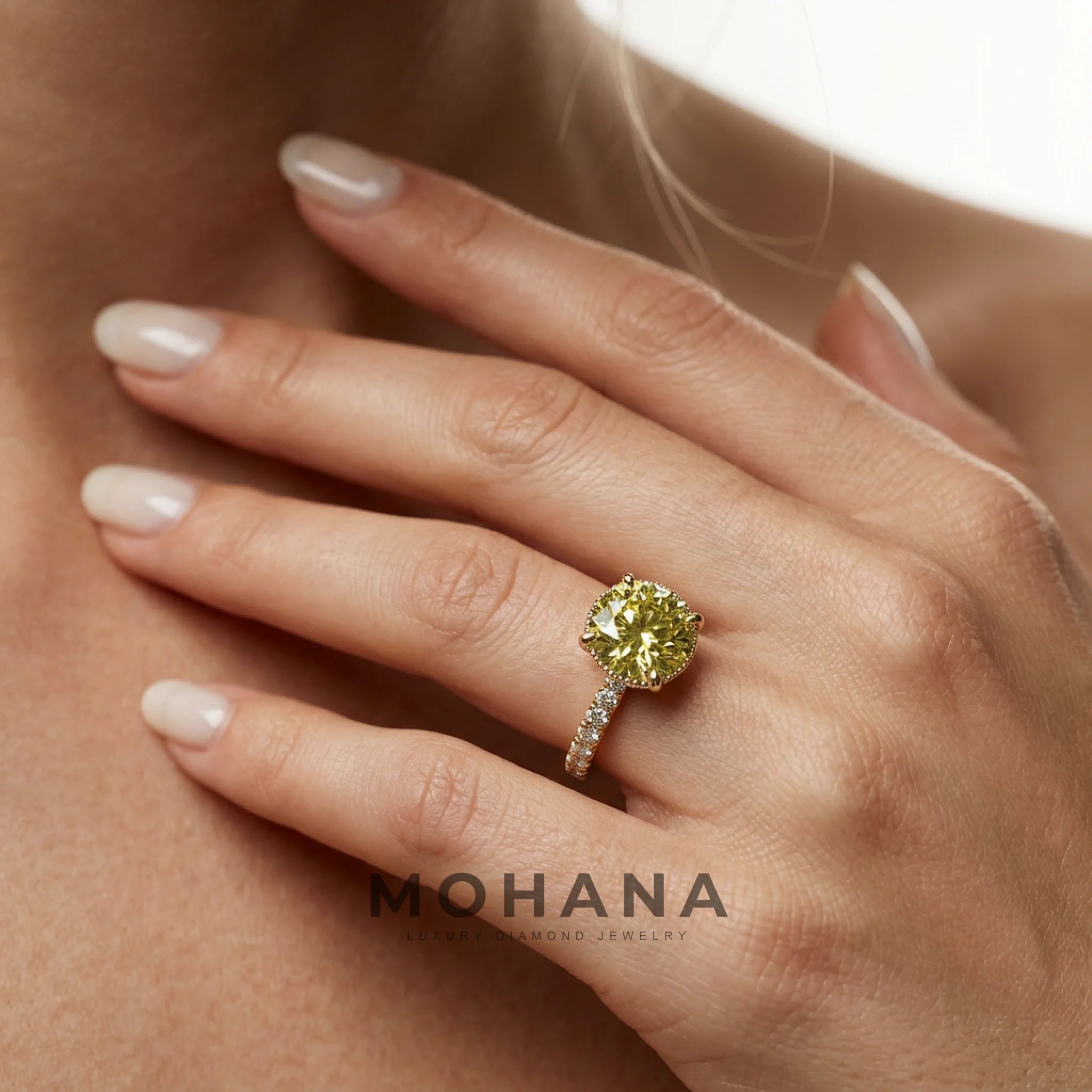 3 Carat Yellow Round-Cut Lab Diamond Engagement Ring | Hidden Halo & Pavé