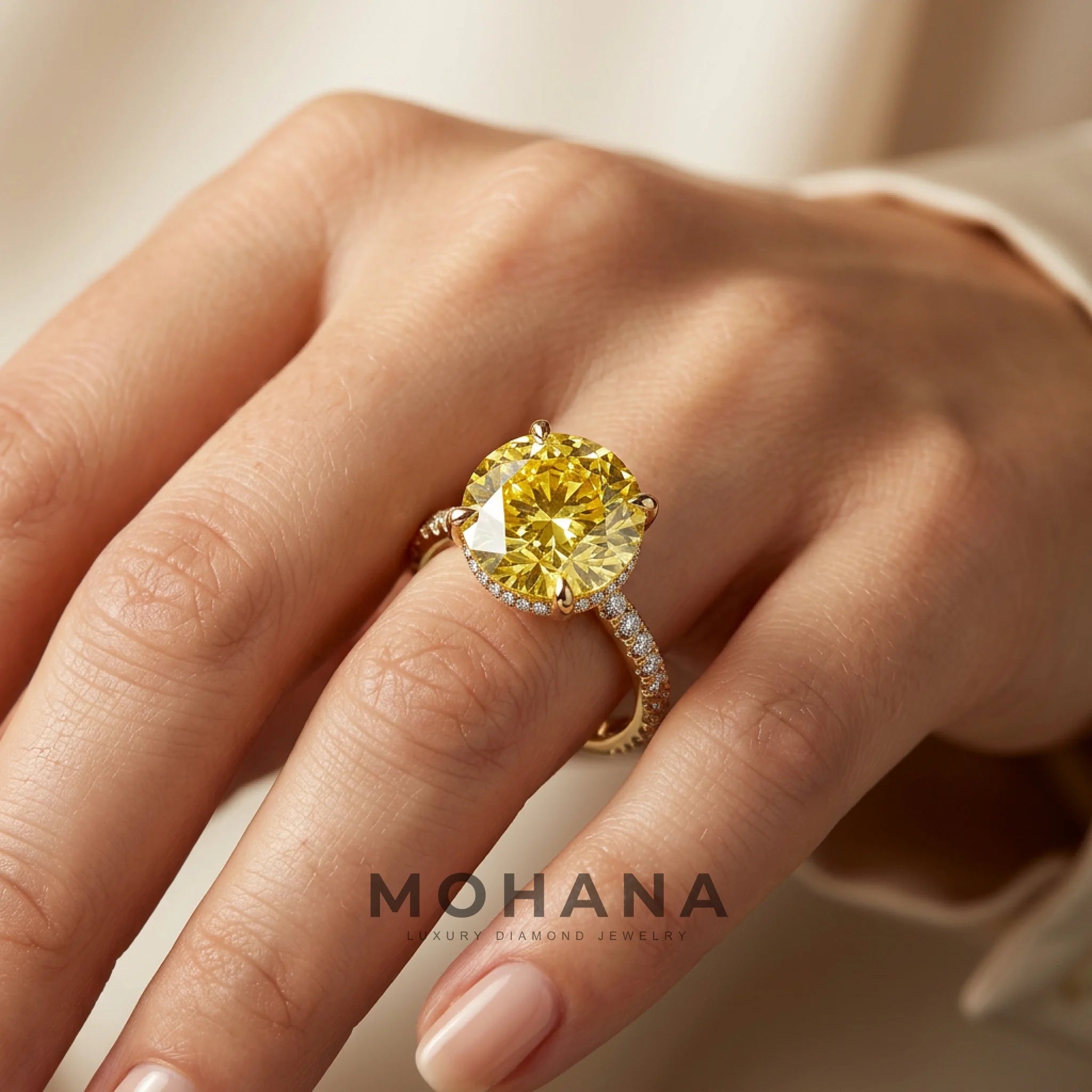 3 Carat Yellow Round-Cut Lab Diamond Engagement Ring | Hidden Halo & Pavé