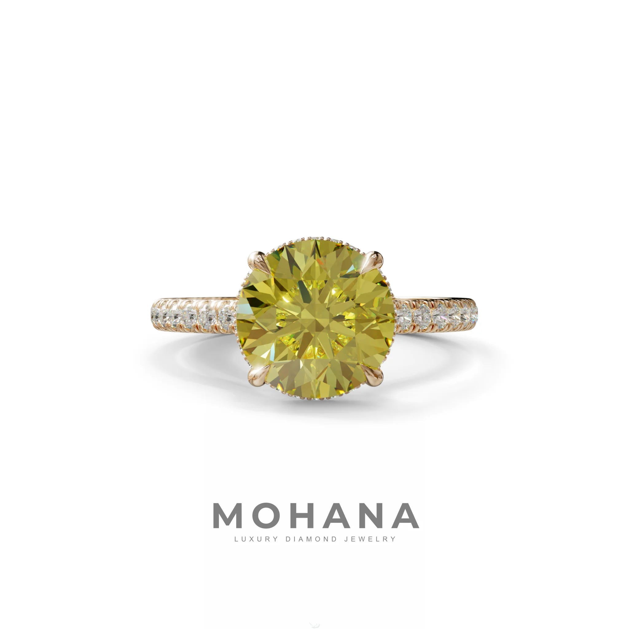 3 Carat Yellow Round Cut Hidden Halo & Pave Setting Lab Diamond Ring - Eblouissant - 10K Solid Gold / Rose Gold