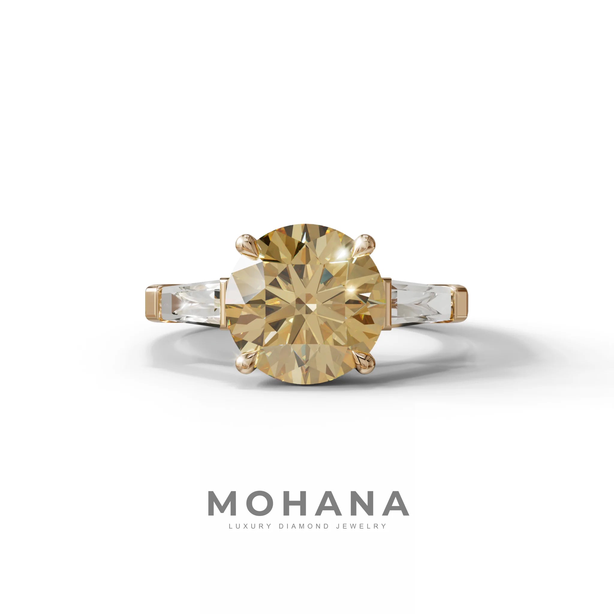 3 Carat Yellow Round & Tapered Cut Multi Stone Lab Diamond Ring - Reflection - 10K Solid Gold / Rose Gold