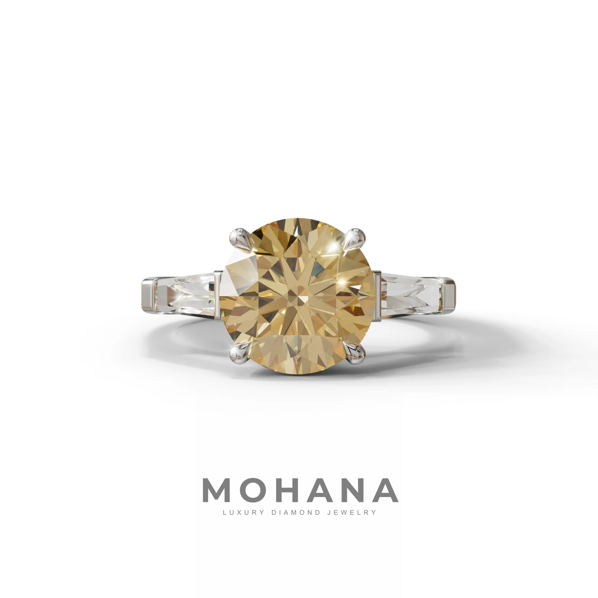 3 Carat Yellow Round & Tapered Cut Multi Stone Lab Diamond Ring - Reflection - 10K Solid Gold / White Gold
