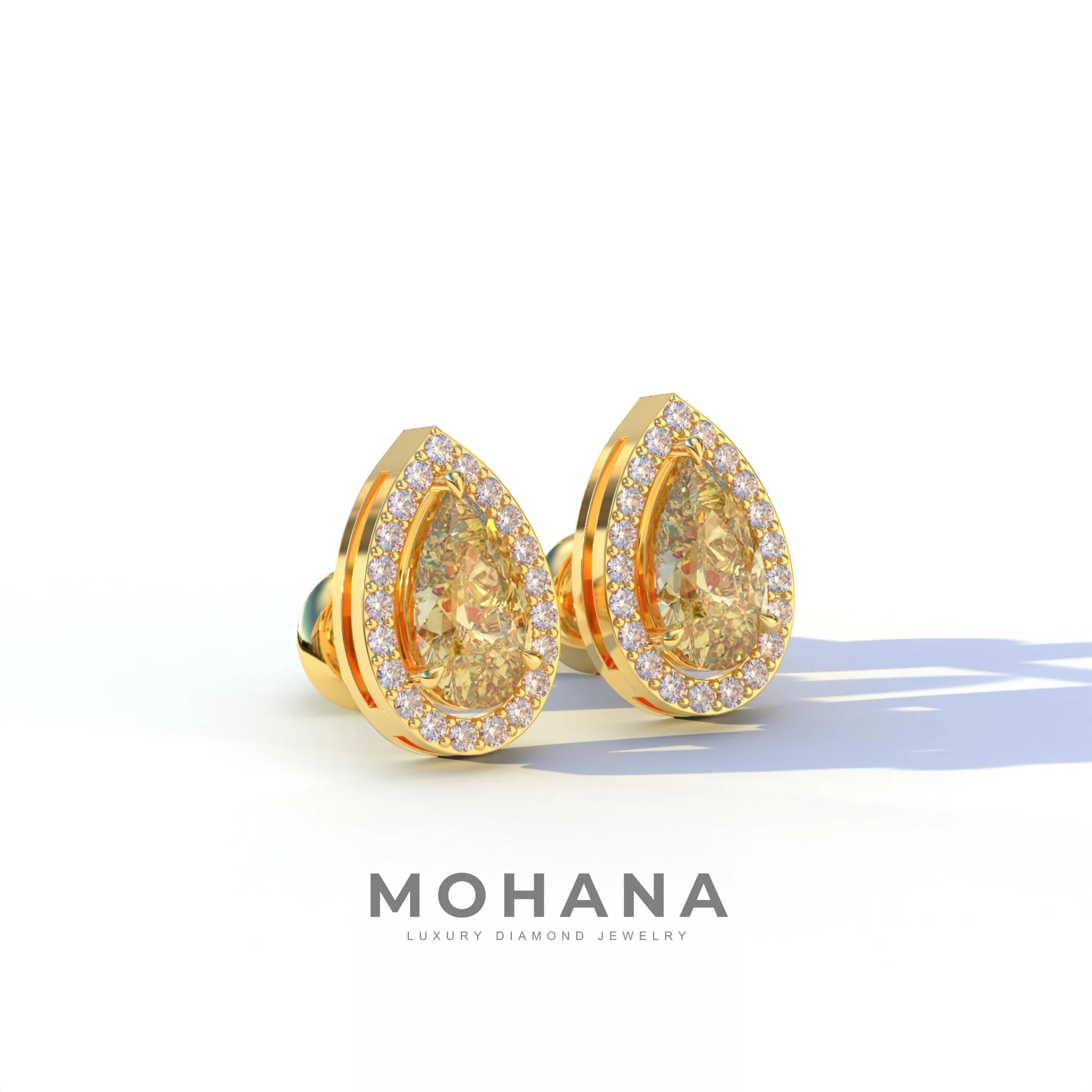 3 Carat Yellow Pear Cut Lab Diamond Stud Earrings | Halo Setting - Kelly