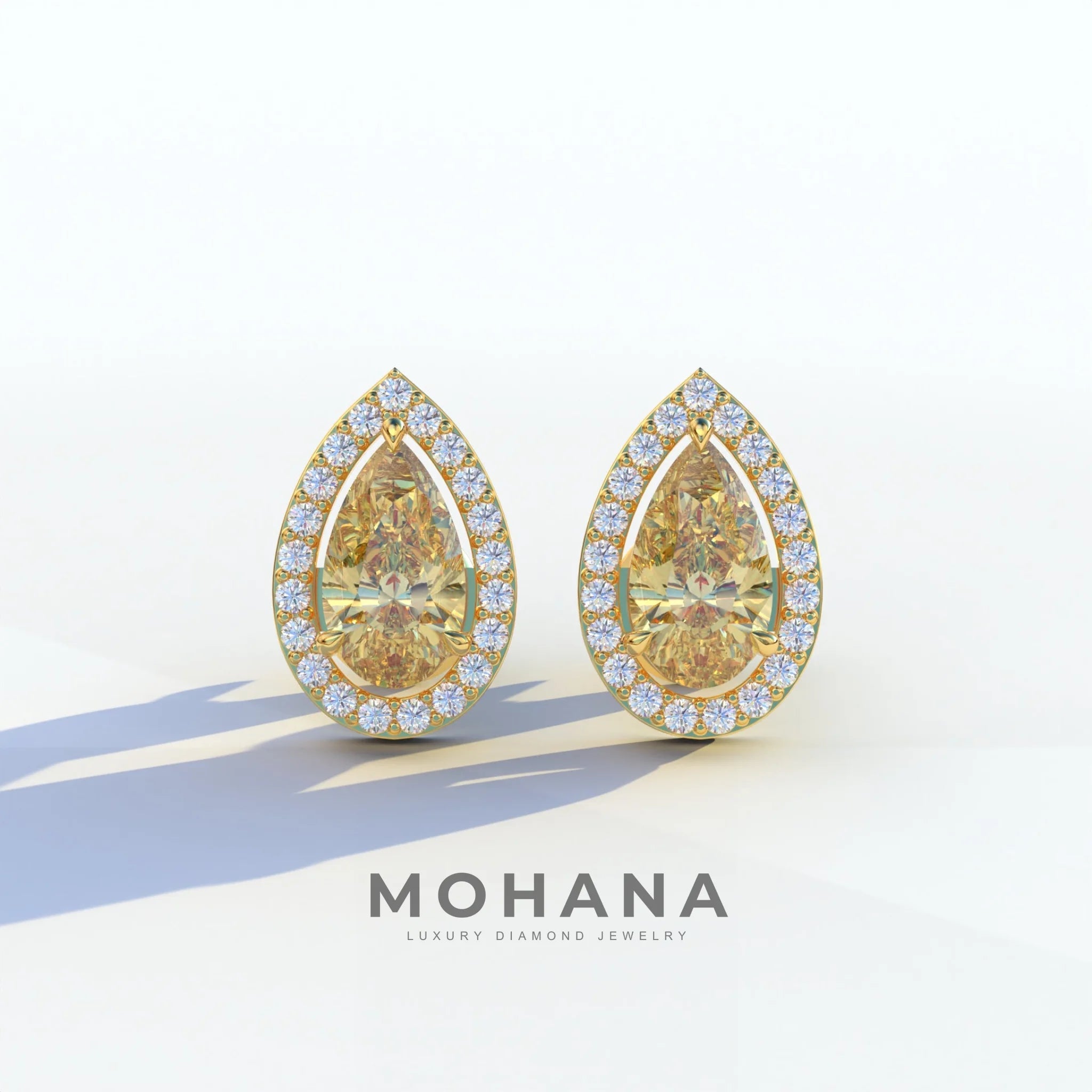 3 Carat Yellow Pear Cut Lab Diamond Stud Earrings | Halo Setting - Kelly - 10K Solid Gold / Yellow Gold
