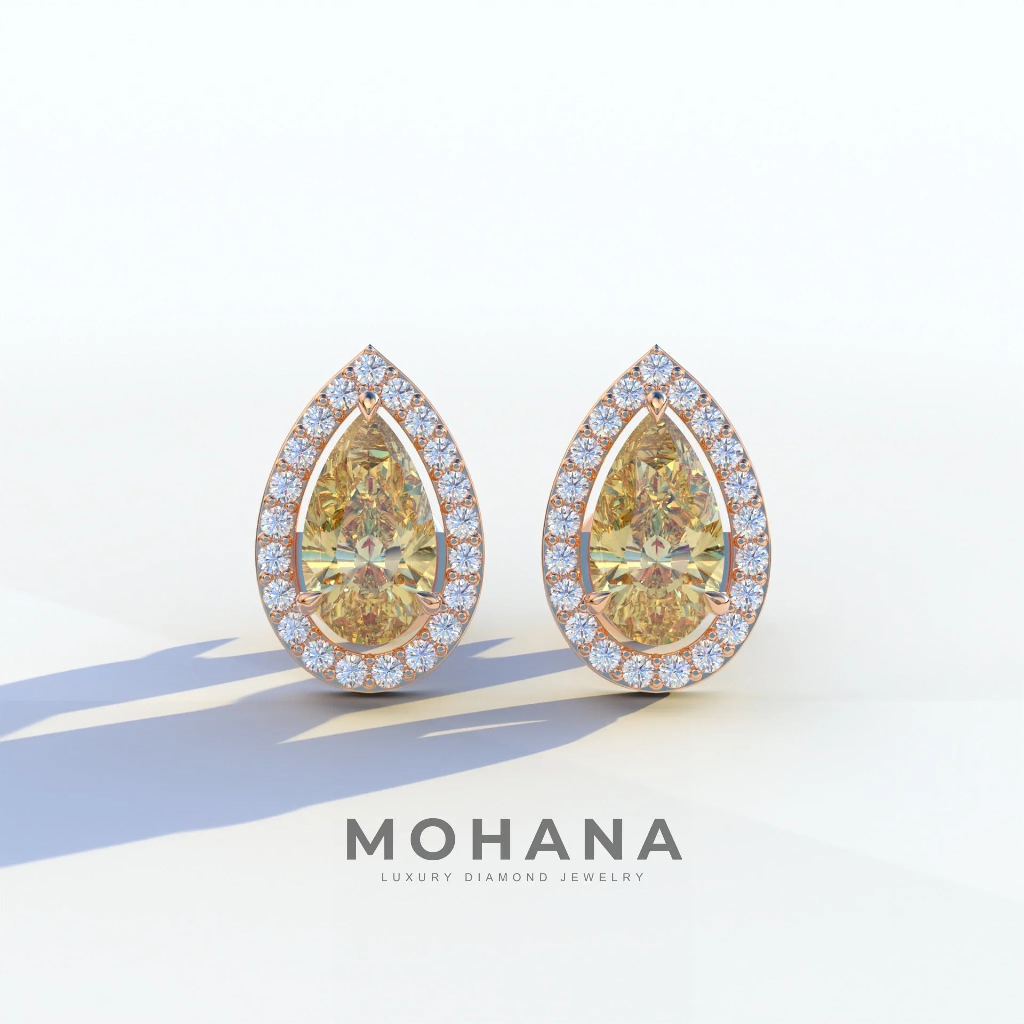 3 Carat Yellow Pear Cut Lab Diamond Stud Earrings | Halo Setting - Kelly - 10K Solid Gold / Rose Gold