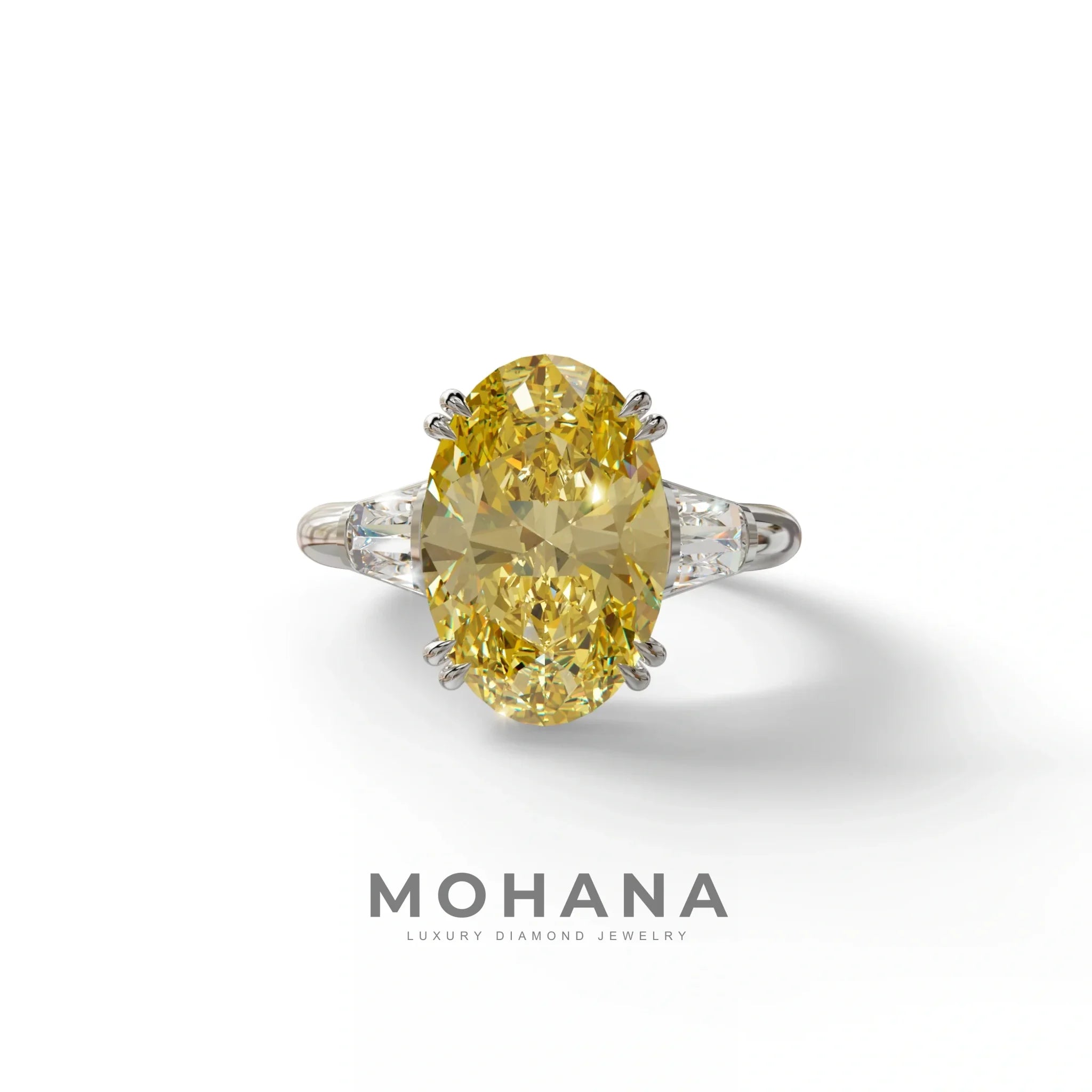 3 Carat Yellow Oval & Baguette Lab Diamond Ring - Persi - 10K Solid Gold / White Gold