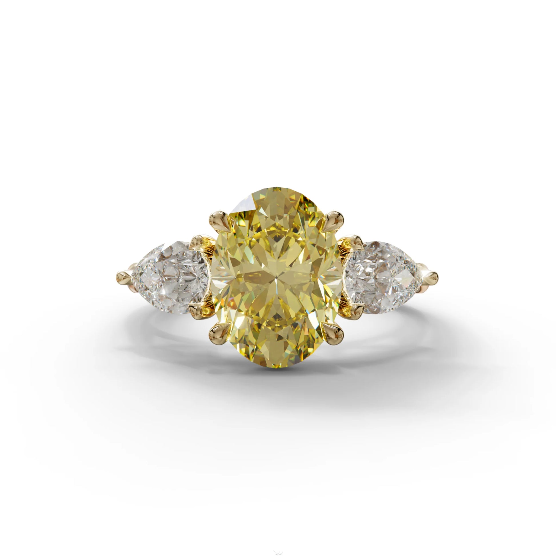 3 Carat Yellow Oval Cut Lab Grown Diamond Three Stone Engagement Ring with 0.50 Carat Pear Side Stones - 10K Solid Gold