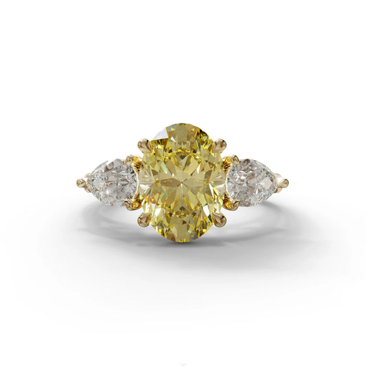 3 Carat Yellow Oval Cut Lab Grown Diamond Three Stone Engagement Ring with 0.50 Carat Pear Side Stones - 10K Solid Gold