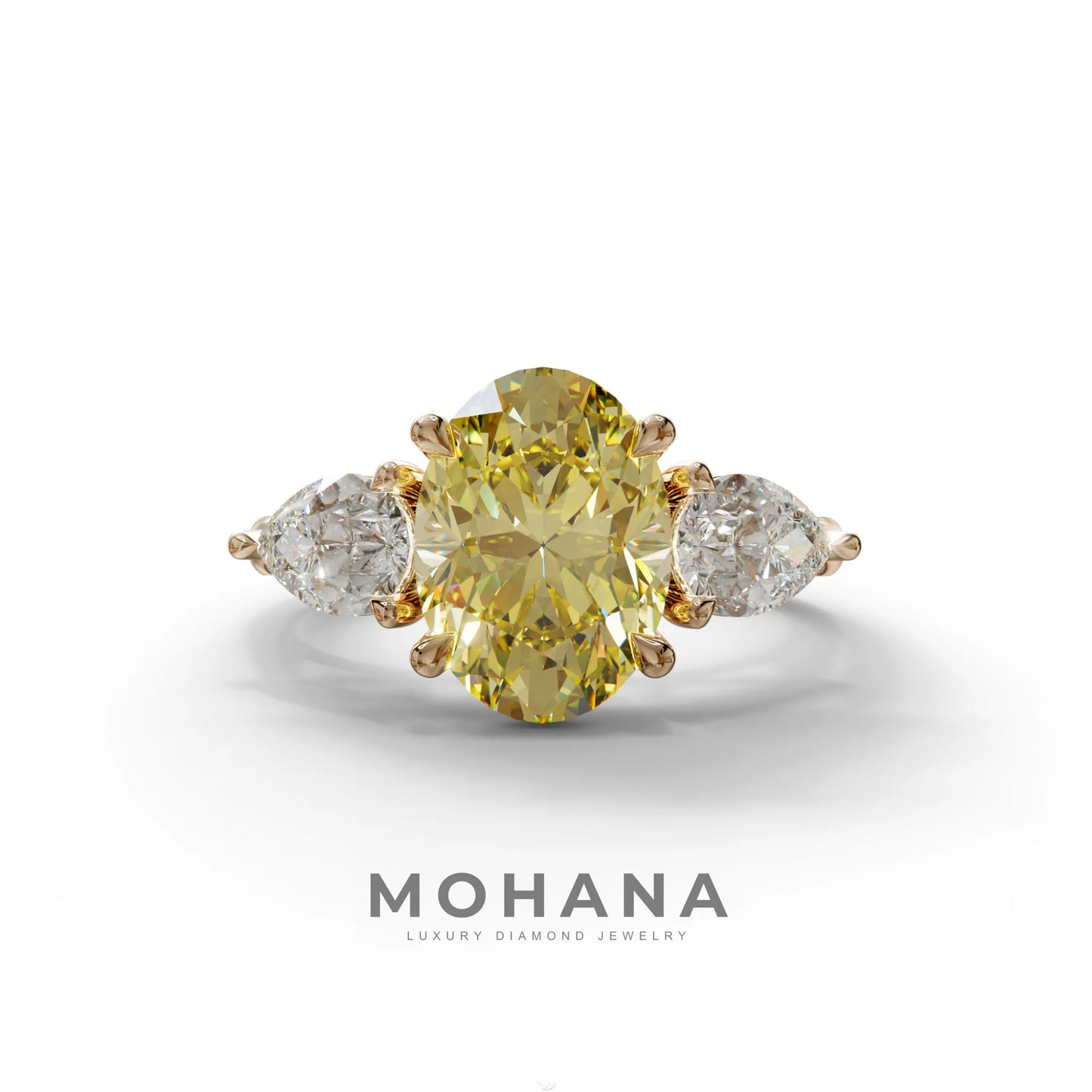 3 Carat Yellow Oval Cut Lab Grown Diamond Three Stone Engagement Ring with 0.50 Carat Pear Side Stones - 10K Solid Gold