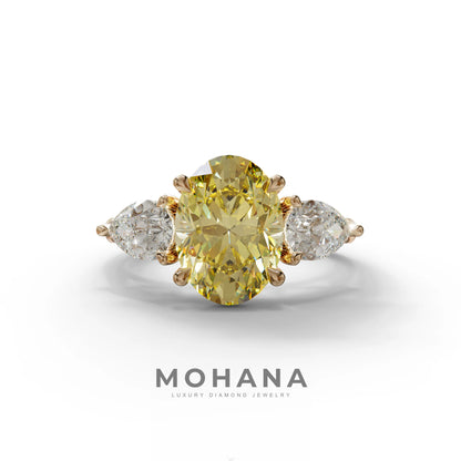 3 Carat Yellow Oval Cut Lab Grown Diamond Three Stone Engagement Ring with 0.50 Carat Pear Side Stones - 10K Solid Gold
