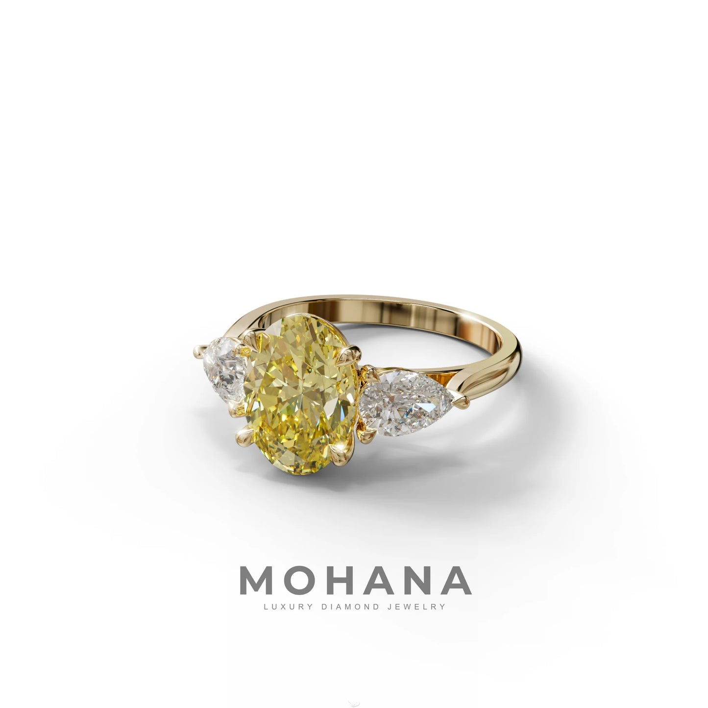 3 Carat Yellow Oval Cut Lab Grown Diamond Three Stone Engagement Ring with 0.50 Carat Pear Side Stones