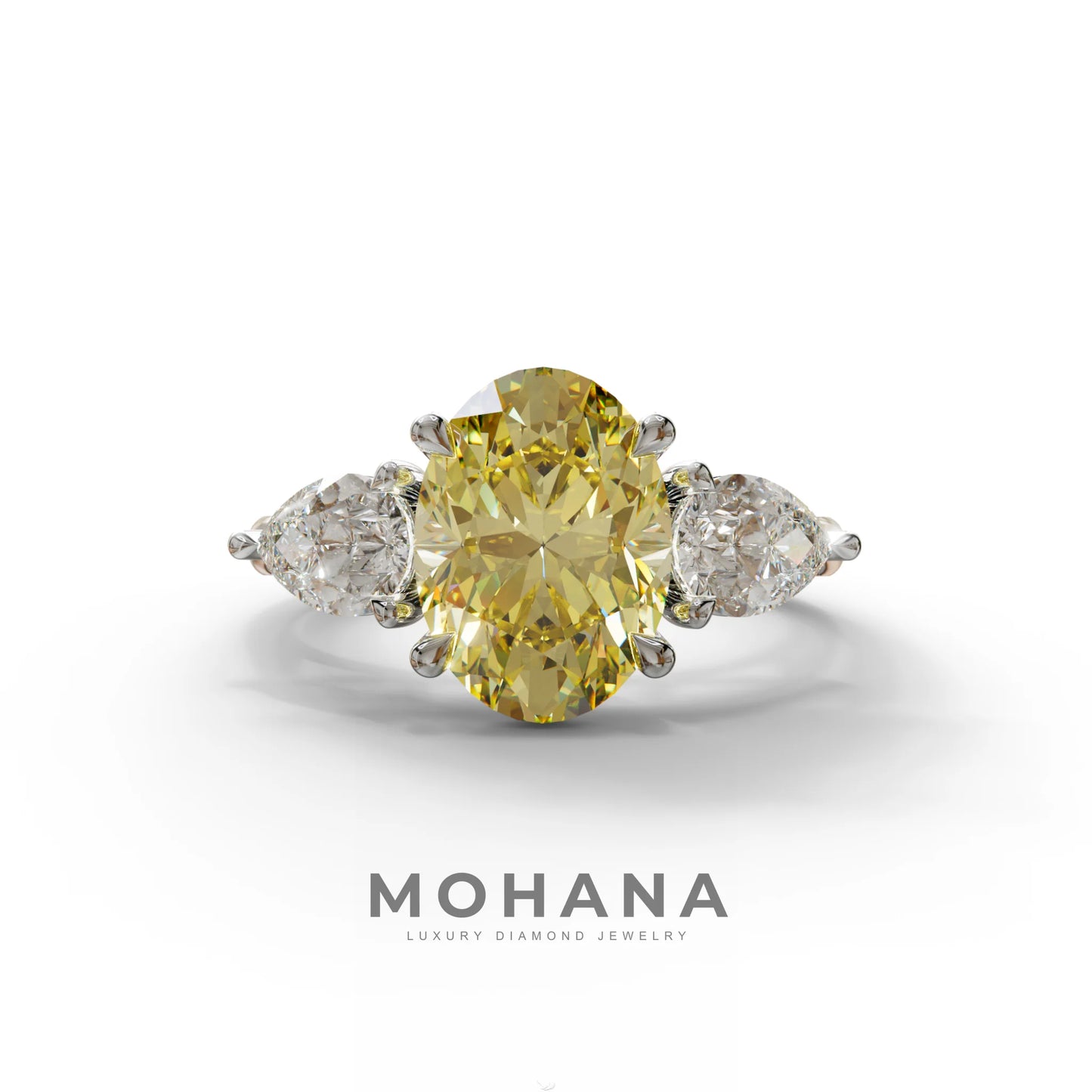 3 Carat Yellow Oval Cut Lab Grown Diamond Three Stone Engagement Ring with 0.50 Carat Pear Side Stones - 10K Solid Gold