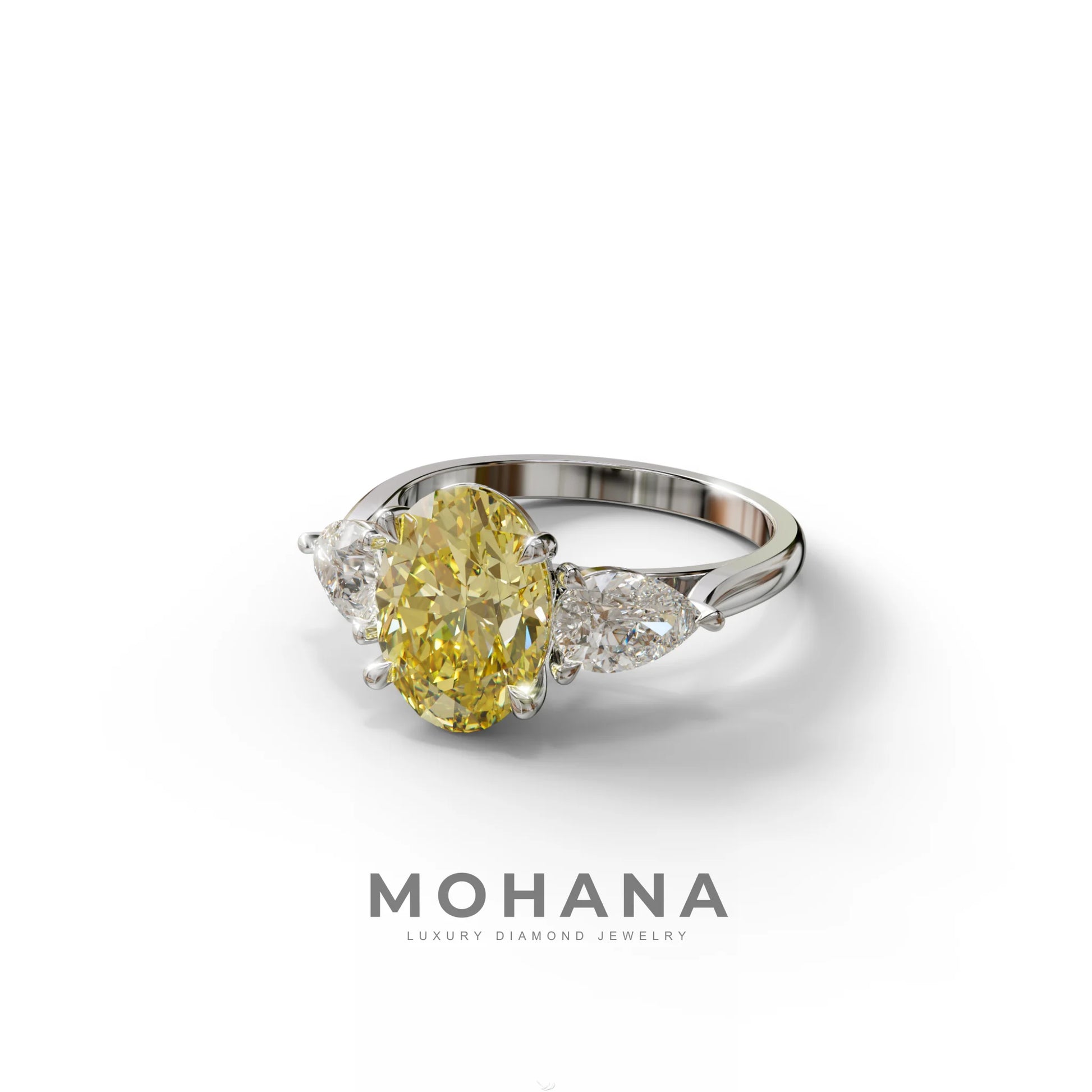 3 Carat Yellow Oval Cut Lab Grown Diamond Three Stone Engagement Ring with 0.50 Carat Pear Side Stones