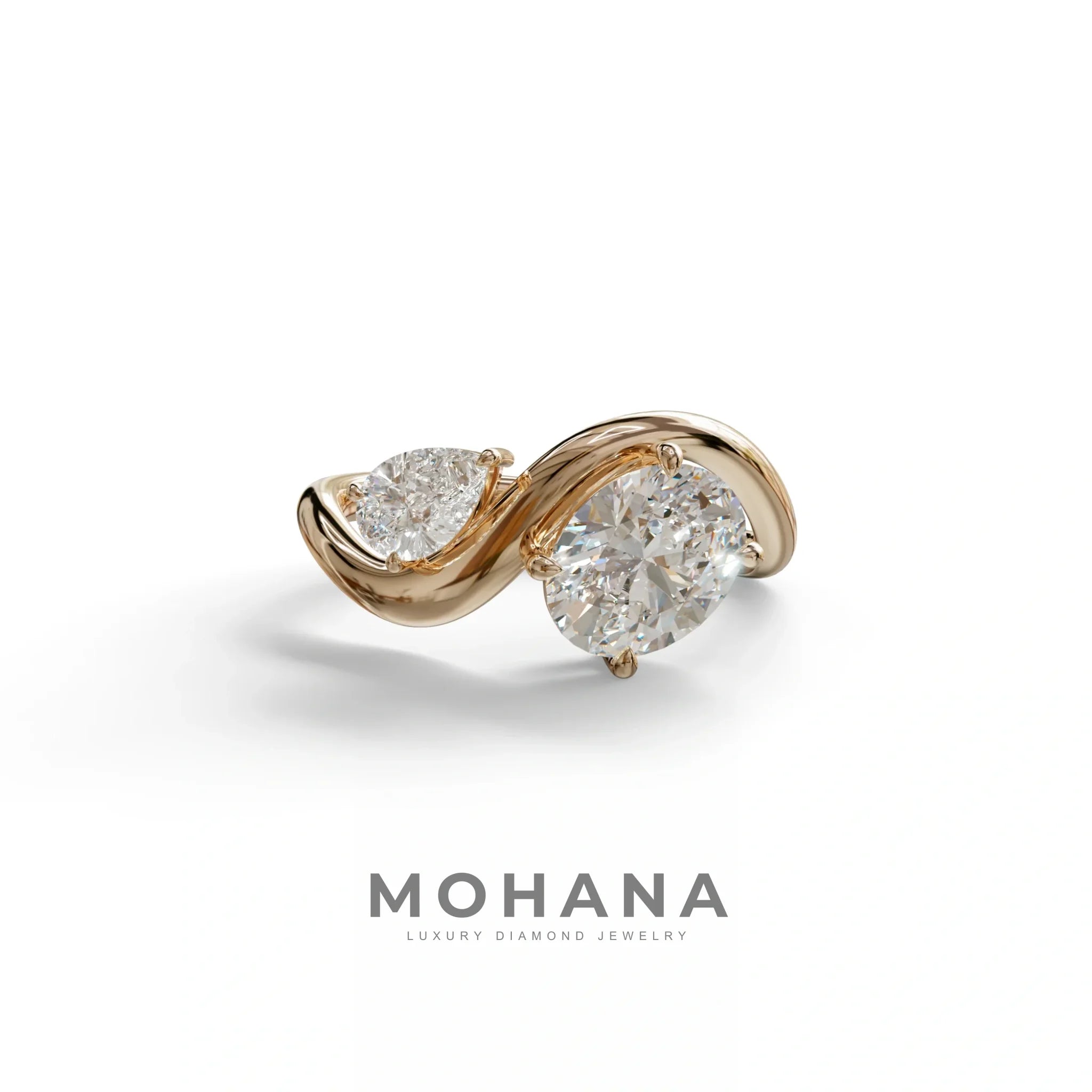 3 Carat Yellow Oval and Pear Cut Lab Diamond Engagement Ring - Toi Et Moi - 10K Solid Gold / Rose Gold