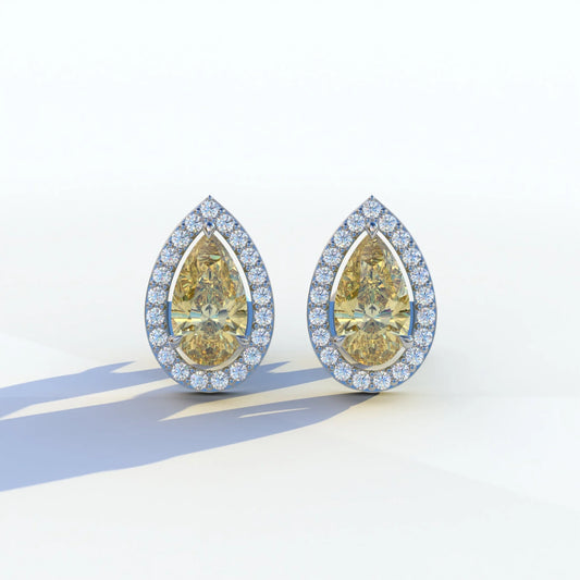 3 Carat Yellow Pear Cut Lab Diamond Stud Earrings | Halo Setting - Kelly - 10K Solid Gold / White Gold