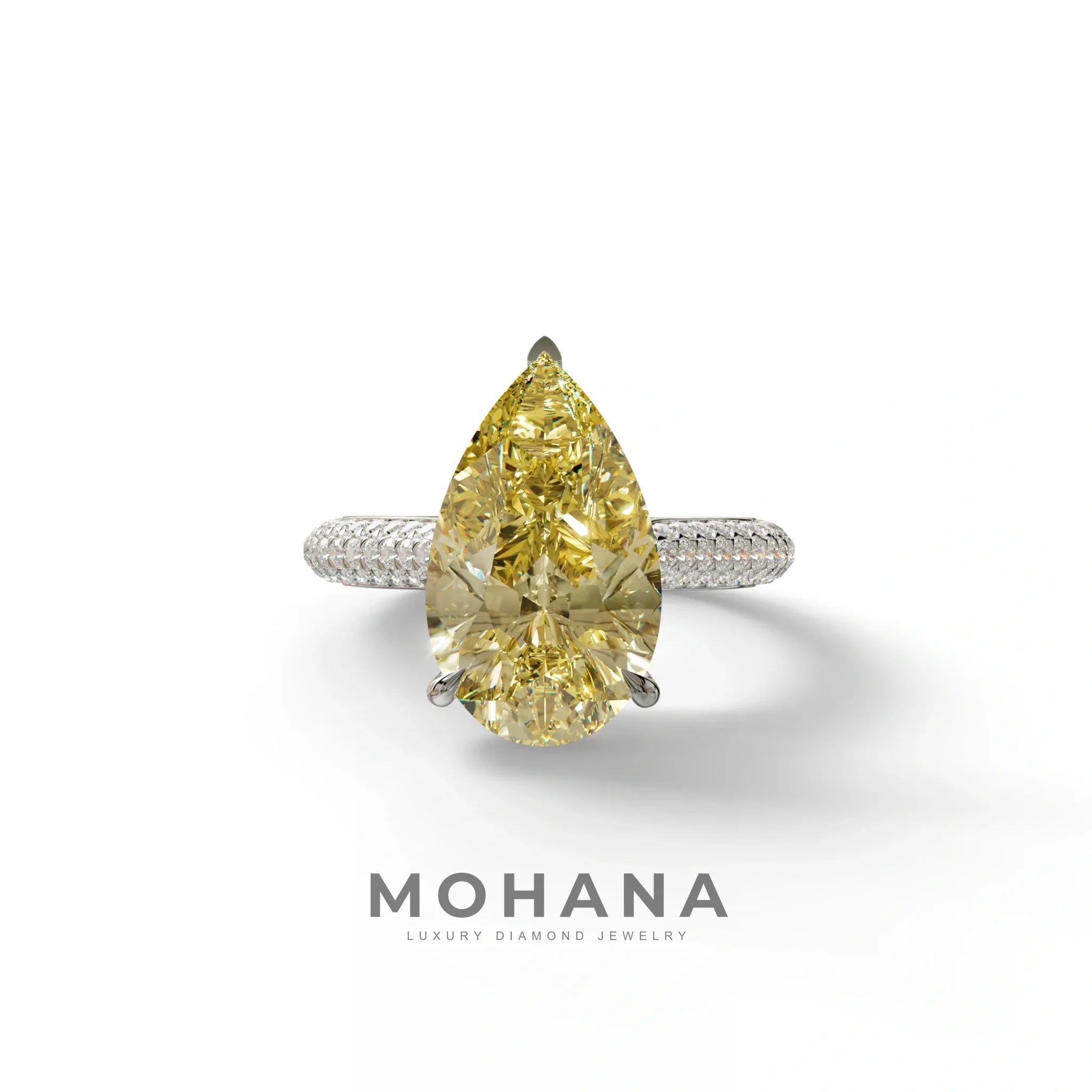 3 Carat Yellow Pear Shaped Hidden Halo Lab Diamond Engagement Ring - Alina - 10K Solid Gold / White Gold