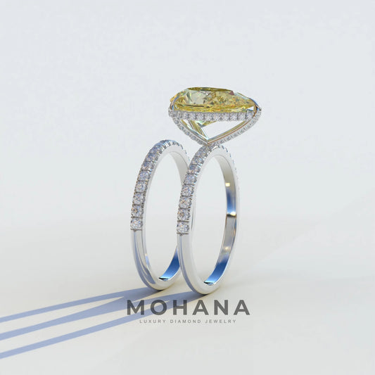 3 Carat Yellow Pear-Shaped Hidden Halo & Pave Diamond Ring Set - Matrix