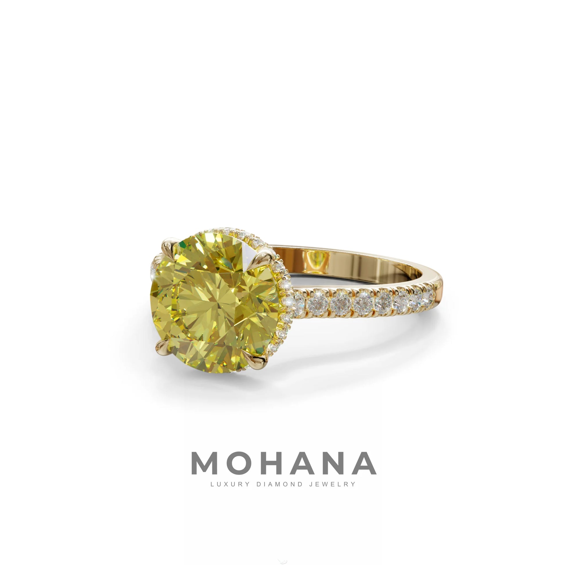 3 Carat Yellow Round Cut Hidden Halo & Pave Setting Lab Diamond Ring - Eblouissant