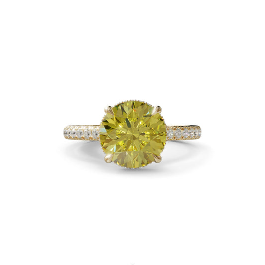 3 Carat Yellow Round Cut Hidden Halo & Pave Setting Lab Diamond Ring - Eblouissant - 10K Solid Gold / Yellow Gold