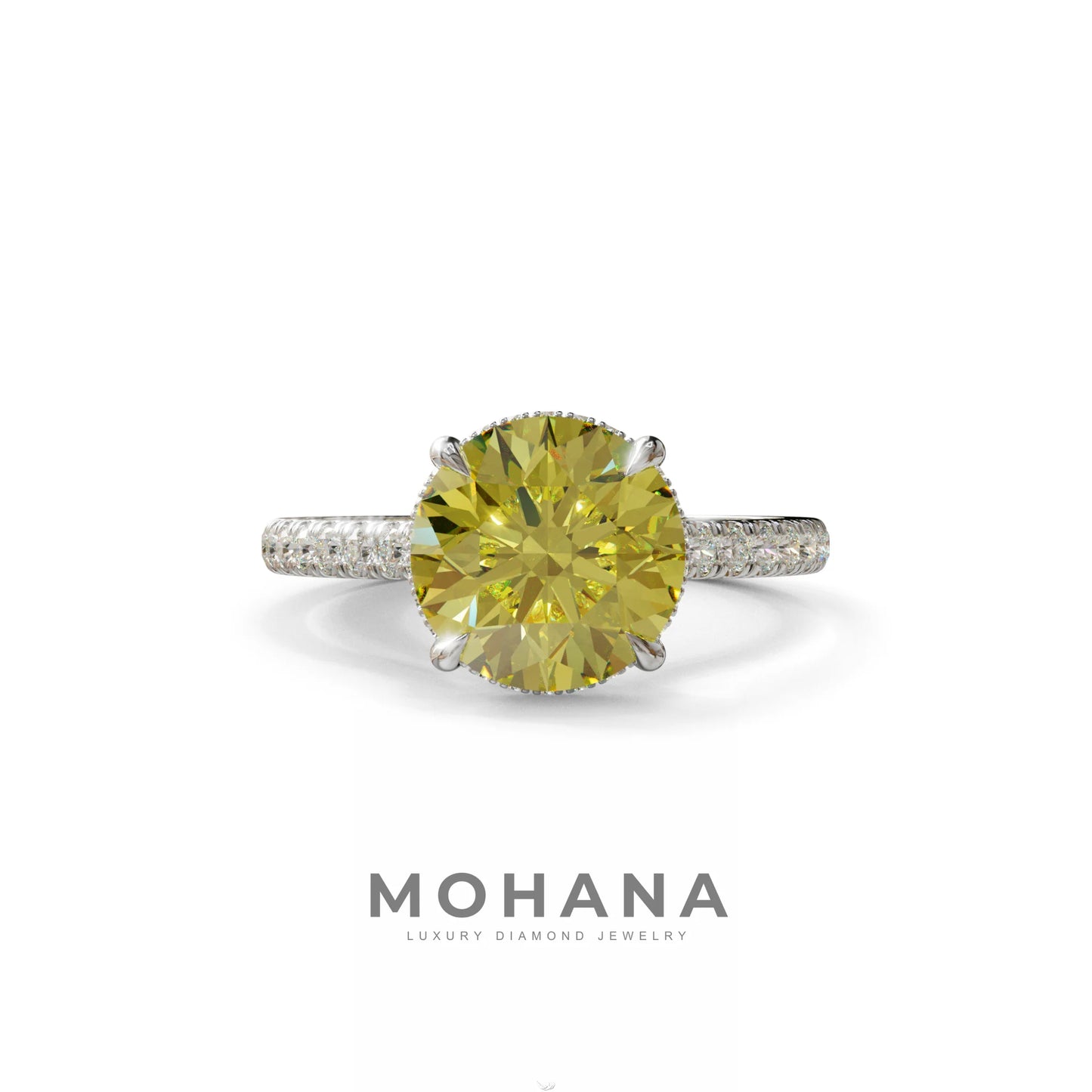3 Carat Yellow Round Cut Hidden Halo & Pave Setting Lab Diamond Ring - Eblouissant - 10K Solid Gold / White Gold