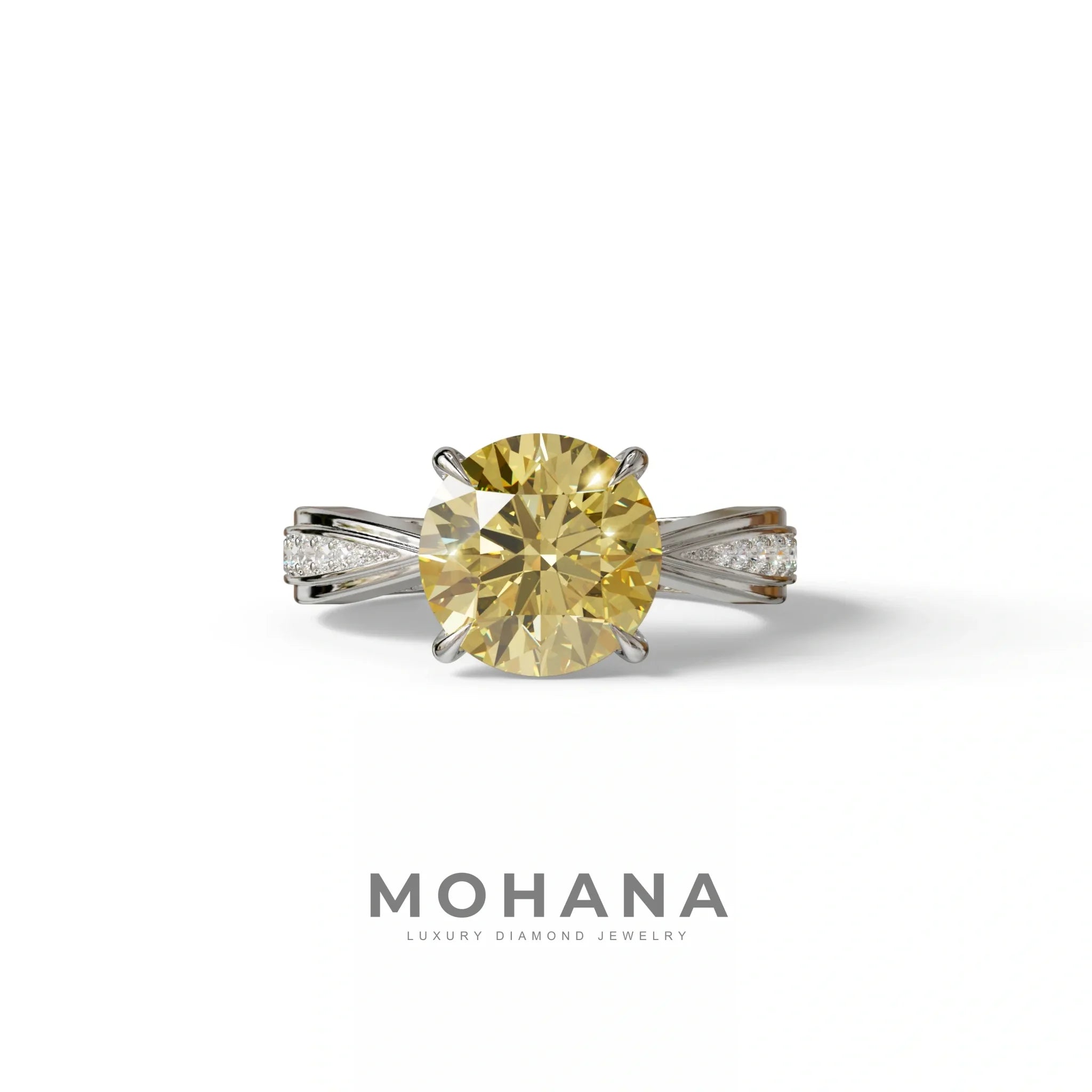 3 Carat Yellow Round Cut V-Shank Pave Setting Lab Grown Diamond Ring - Je t’adore - 10K Solid Gold / White Gold