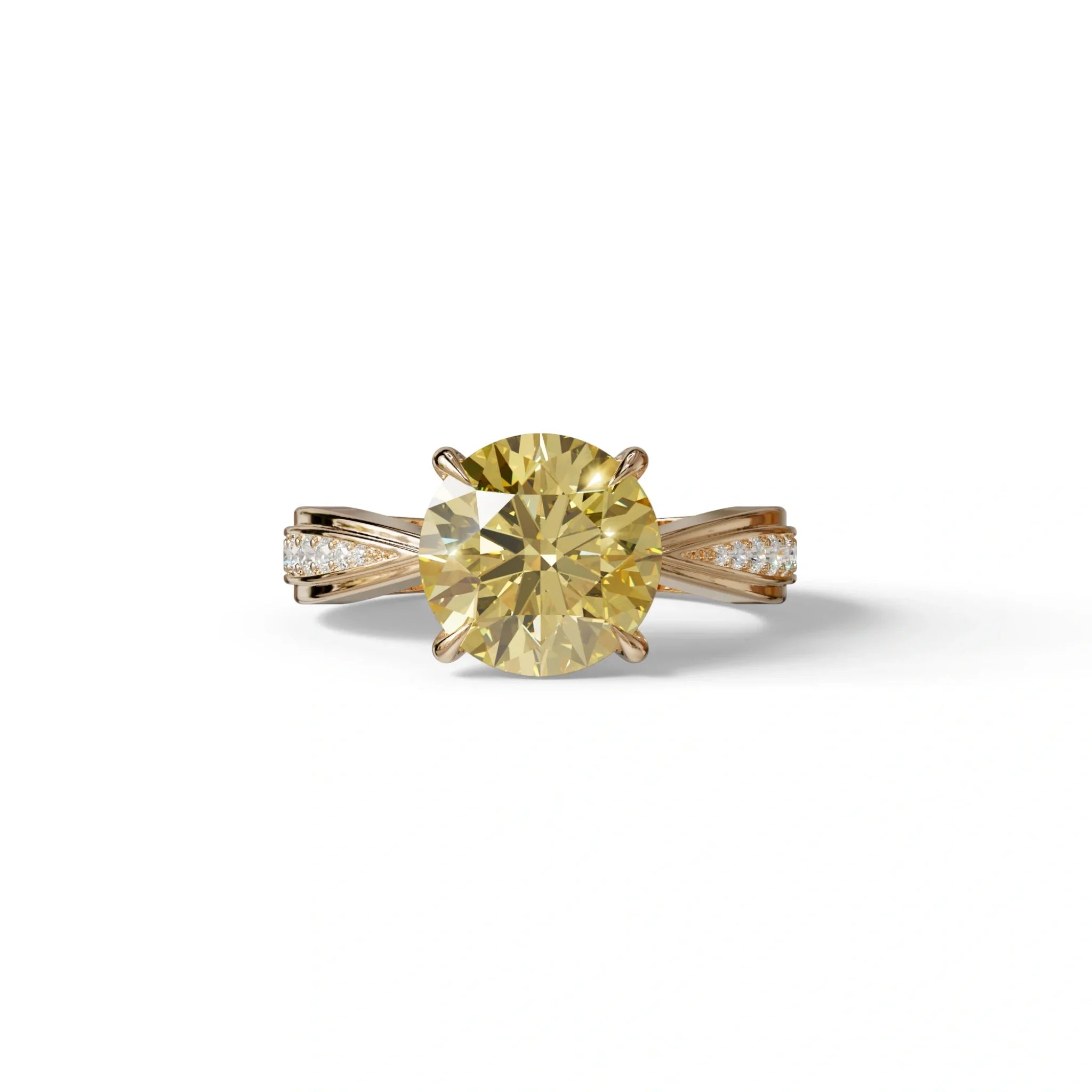 3 Carat Yellow Round Cut V-Shank Pave Setting Lab Grown Diamond Ring - Je t’adore - 10K Solid Gold / Rose Gold