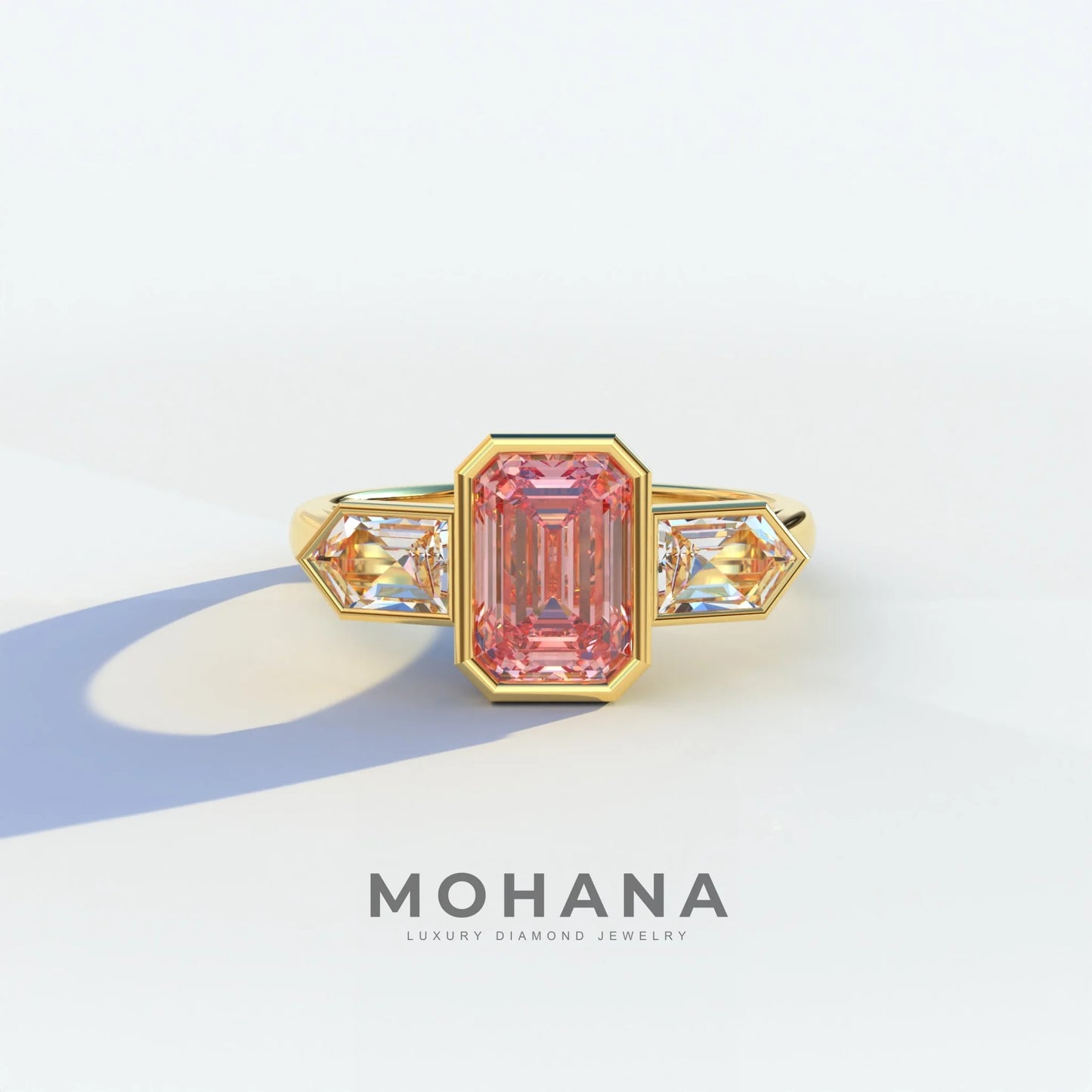3 Ct Fancy Vivid Pink Emerald Cut Lab Diamond Ring - Lumons - 10K Solid Gold / Yellow Gold