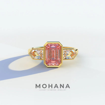 3 Ct Fancy Vivid Pink Emerald Cut Lab Diamond Ring - Lumons - 10K Solid Gold / Yellow Gold