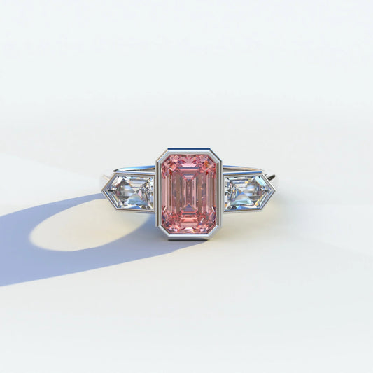 3 Ct Fancy Vivid Pink Emerald Cut Lab Diamond Ring - Lumons - 10K Solid Gold / White Gold
