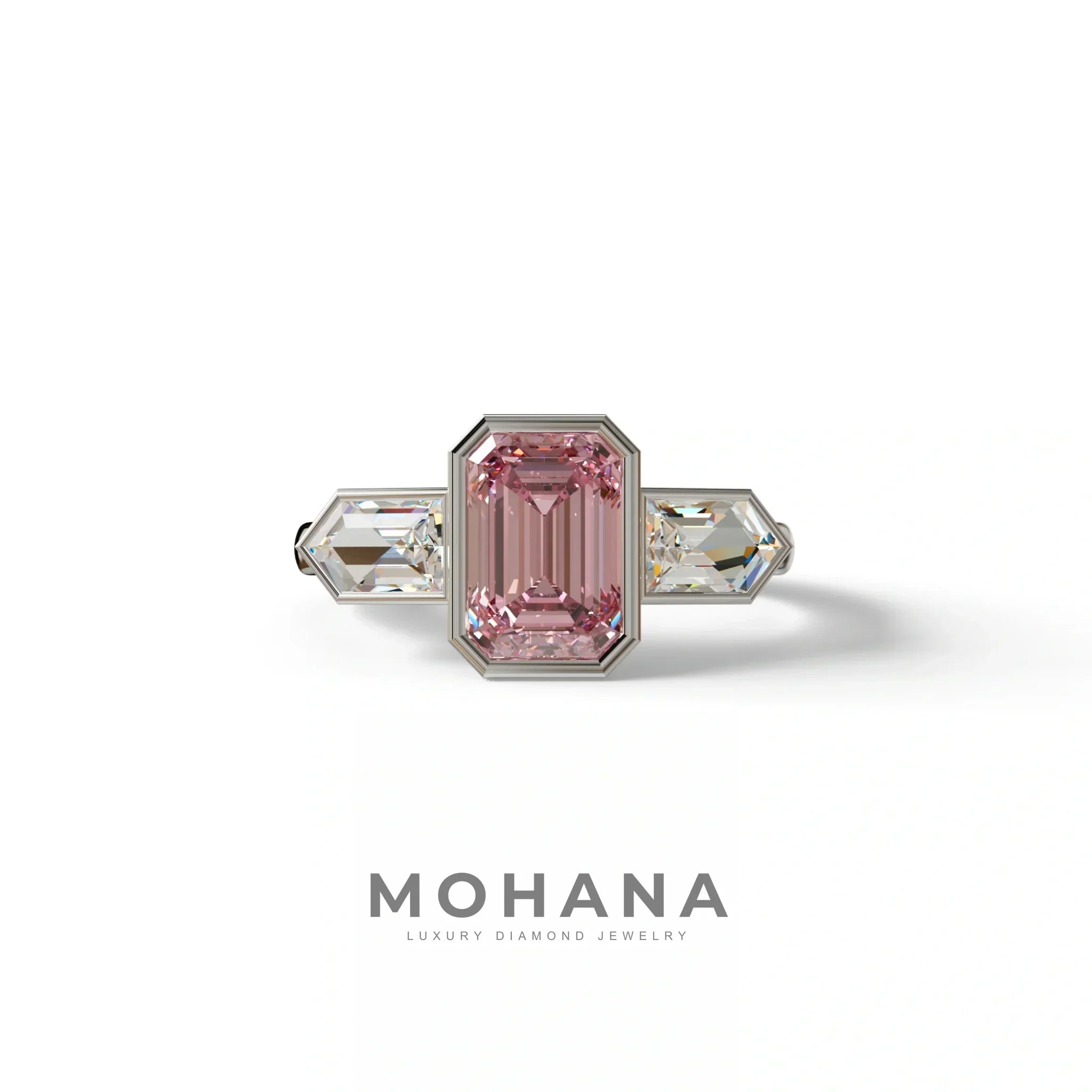3 Ct Fancy Vivid Pink Emerald Cut Lab Diamond Ring - Lumons - 10K Solid Gold / White Gold