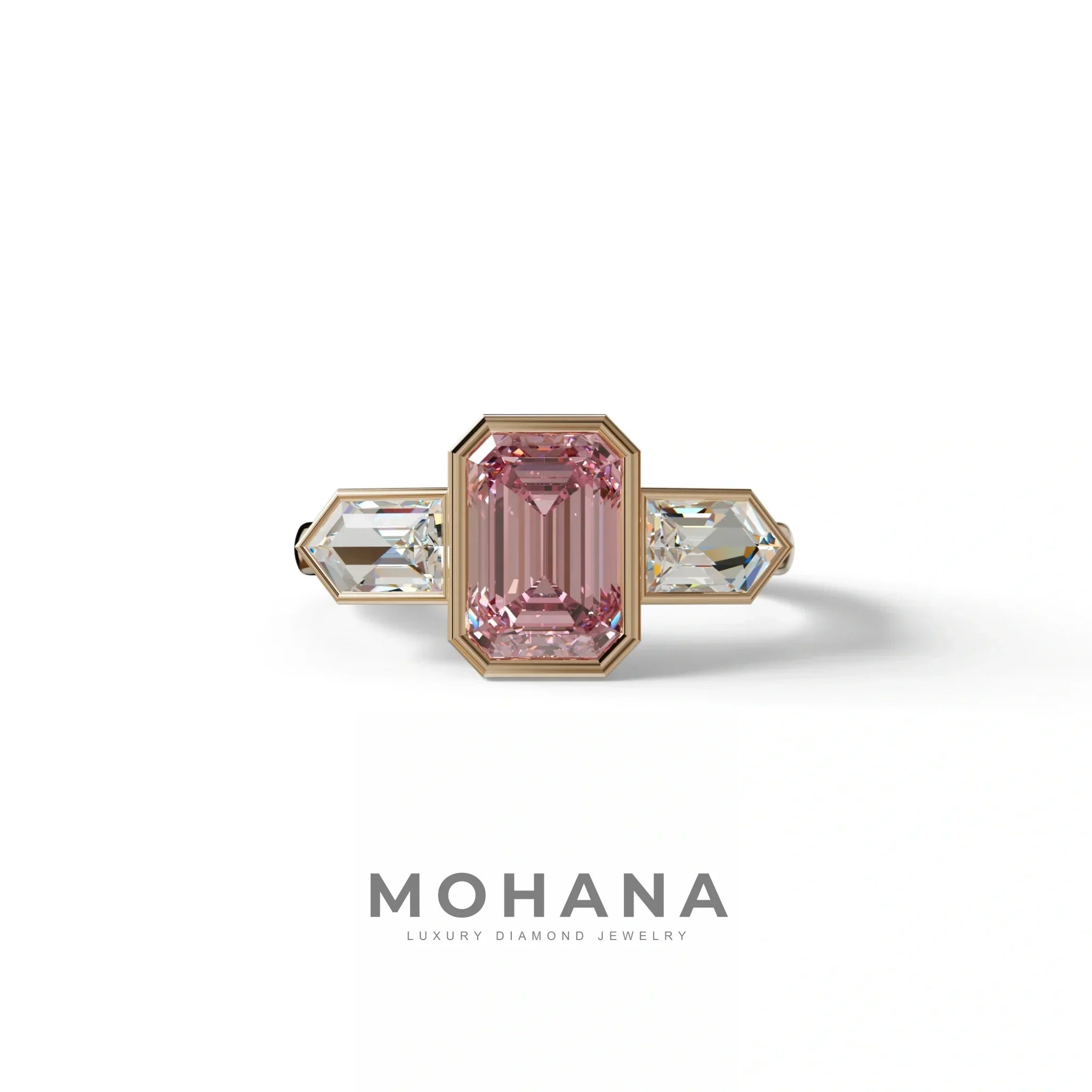 3 Ct Fancy Vivid Pink Emerald Cut Lab Diamond Ring - Lumons - 10K Solid Gold / Rose Gold