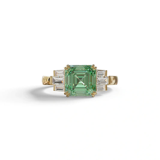 3 Ct Green Asscher Cut Lab Diamond Double Claw Prong Setting - Celestial - 10K Solid Gold / Yellow Gold
