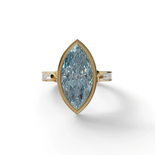 3 Ct Marquis Cut Blue Color Lab Diamond Ring With Bezel Set - Kayla - 10K Solid Gold / Yellow Gold