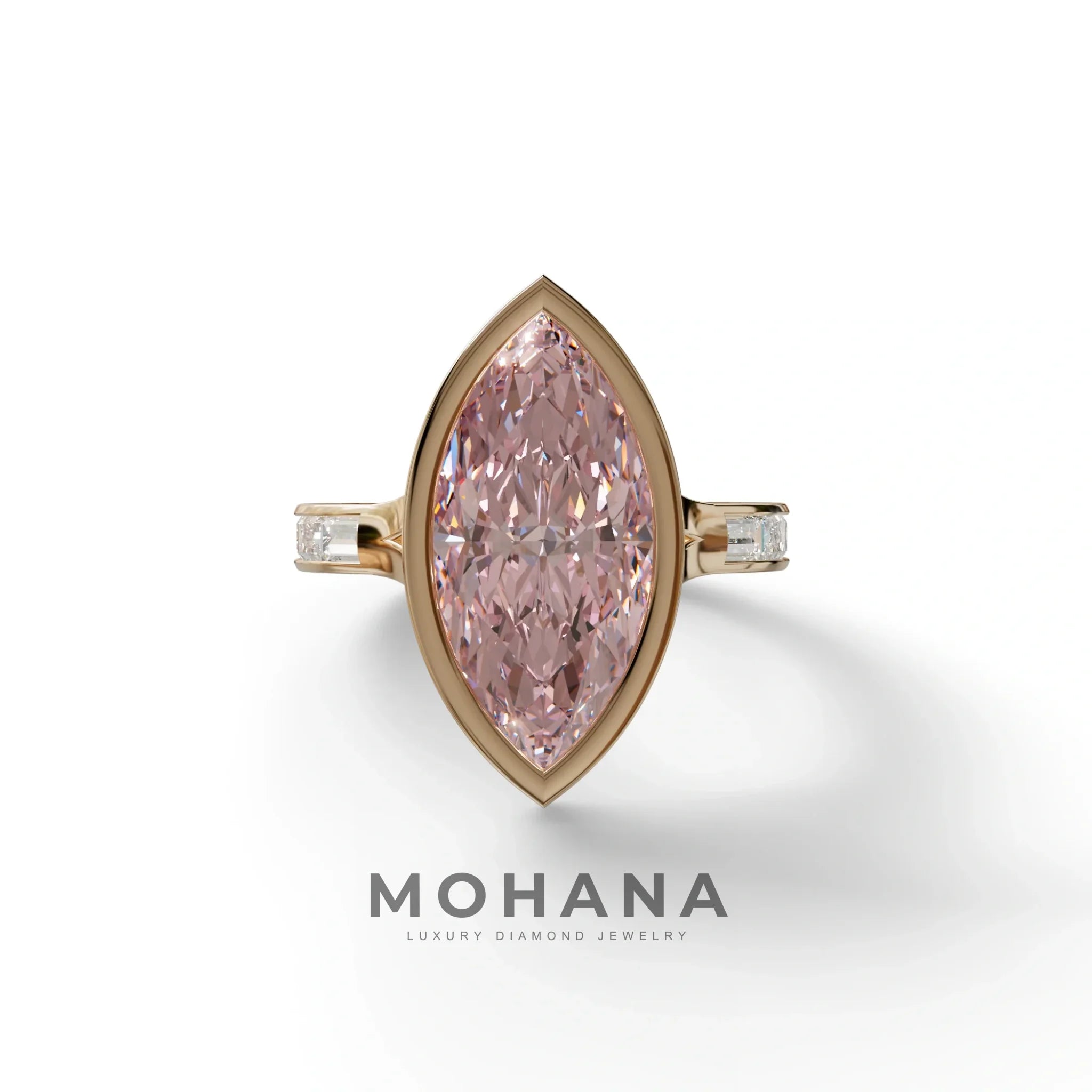 3 Ct Marquise Cut Pink Color Lab Diamond Ring With Bezel Set - Kayla - 10K Solid Gold / Rose Gold
