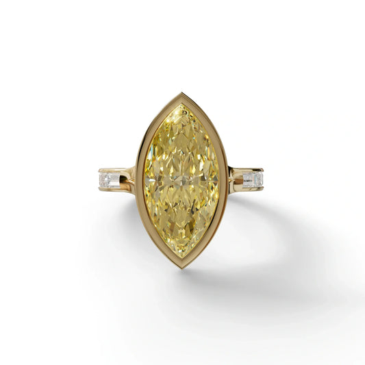 3 Ct Marquise Cut Yellow Color Lab Diamond Ring With Bezel Set - Kayla - 10K Solid Gold / Yellow Gold