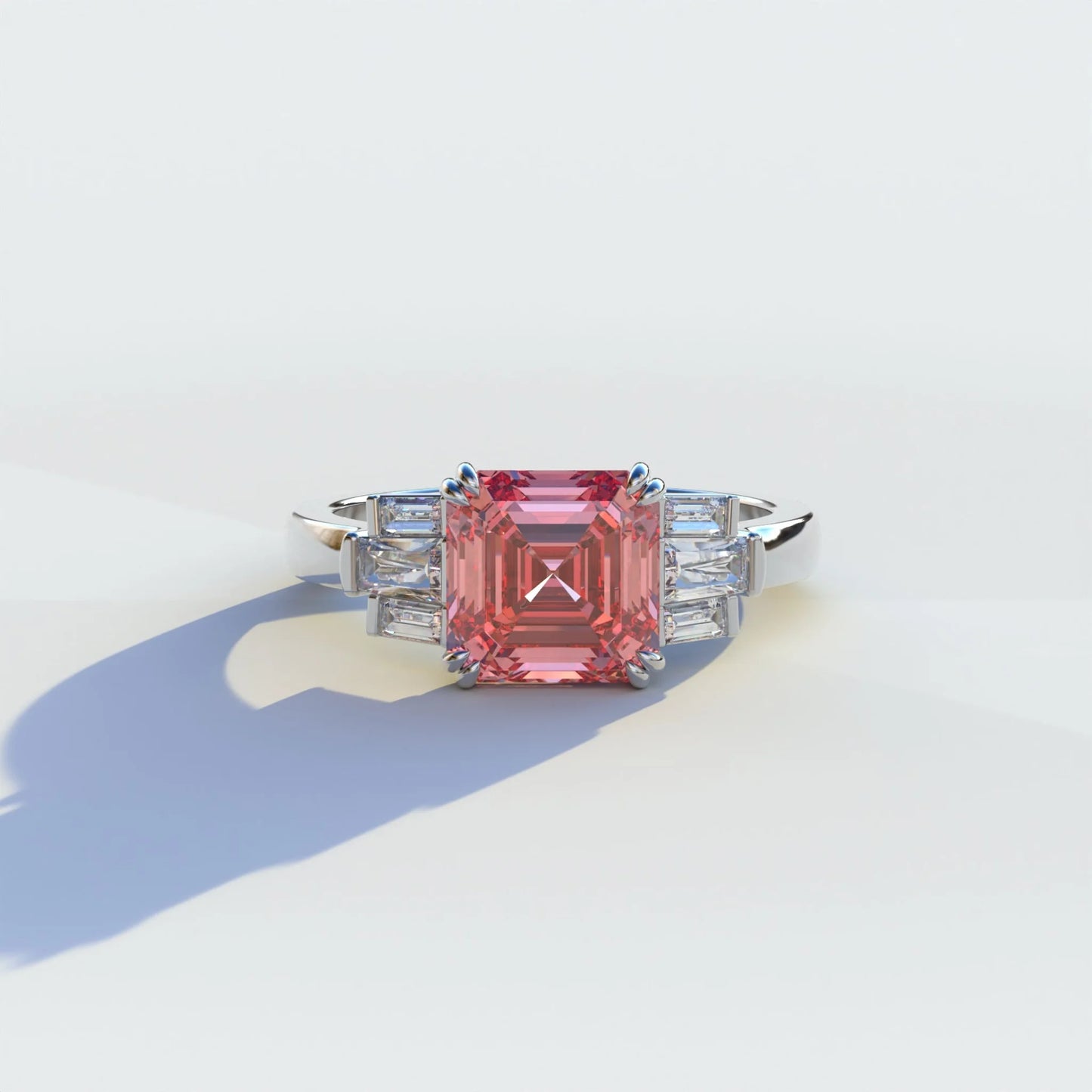 3 Ct Pink Asscher Cut Lab Diamond Double Claw Prong Setting - Celestial - 10K Solid Gold / White Gold
