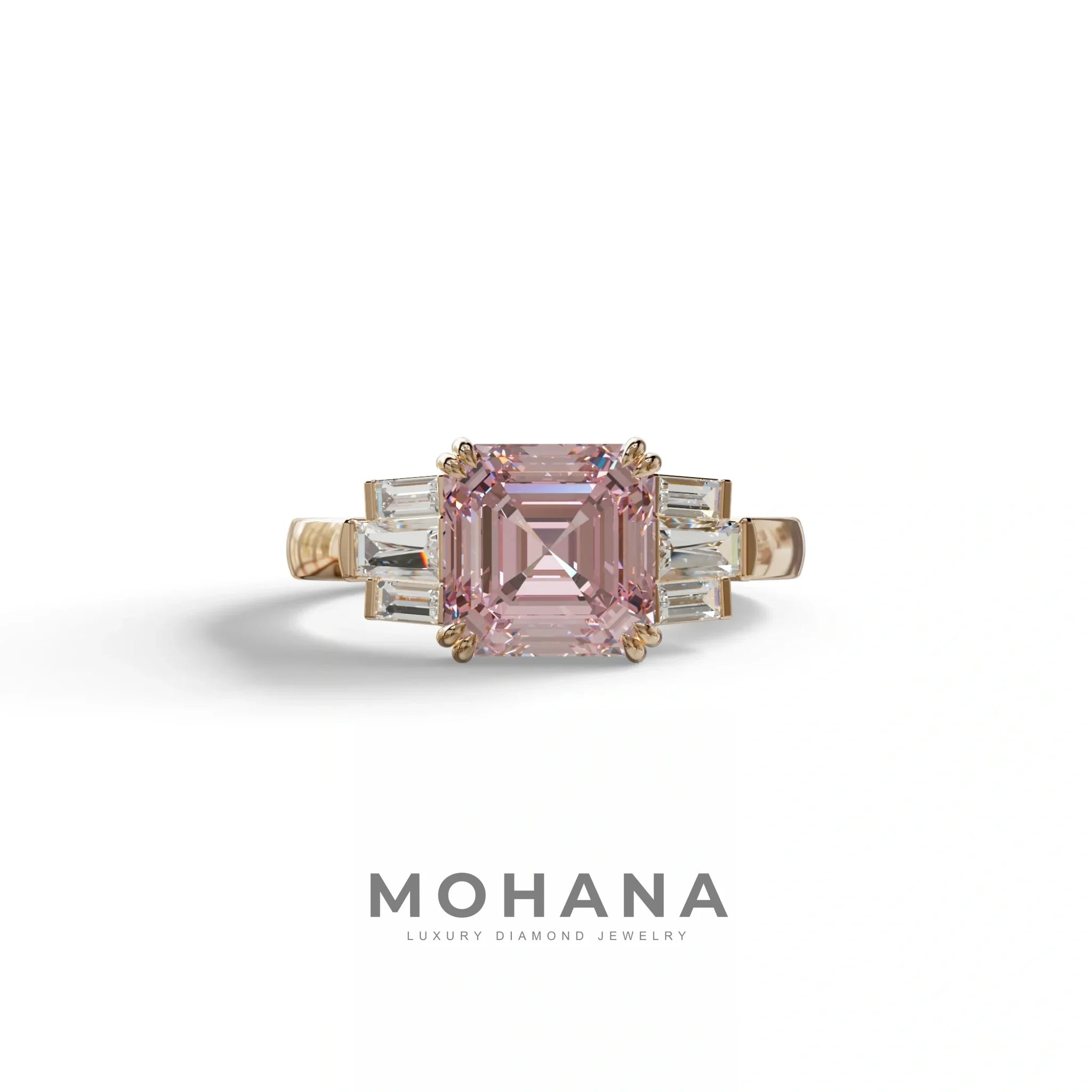 3 Ct Pink Asscher Cut Lab Diamond Double Claw Prong Setting - Celestial - 10K Solid Gold / Rose Gold