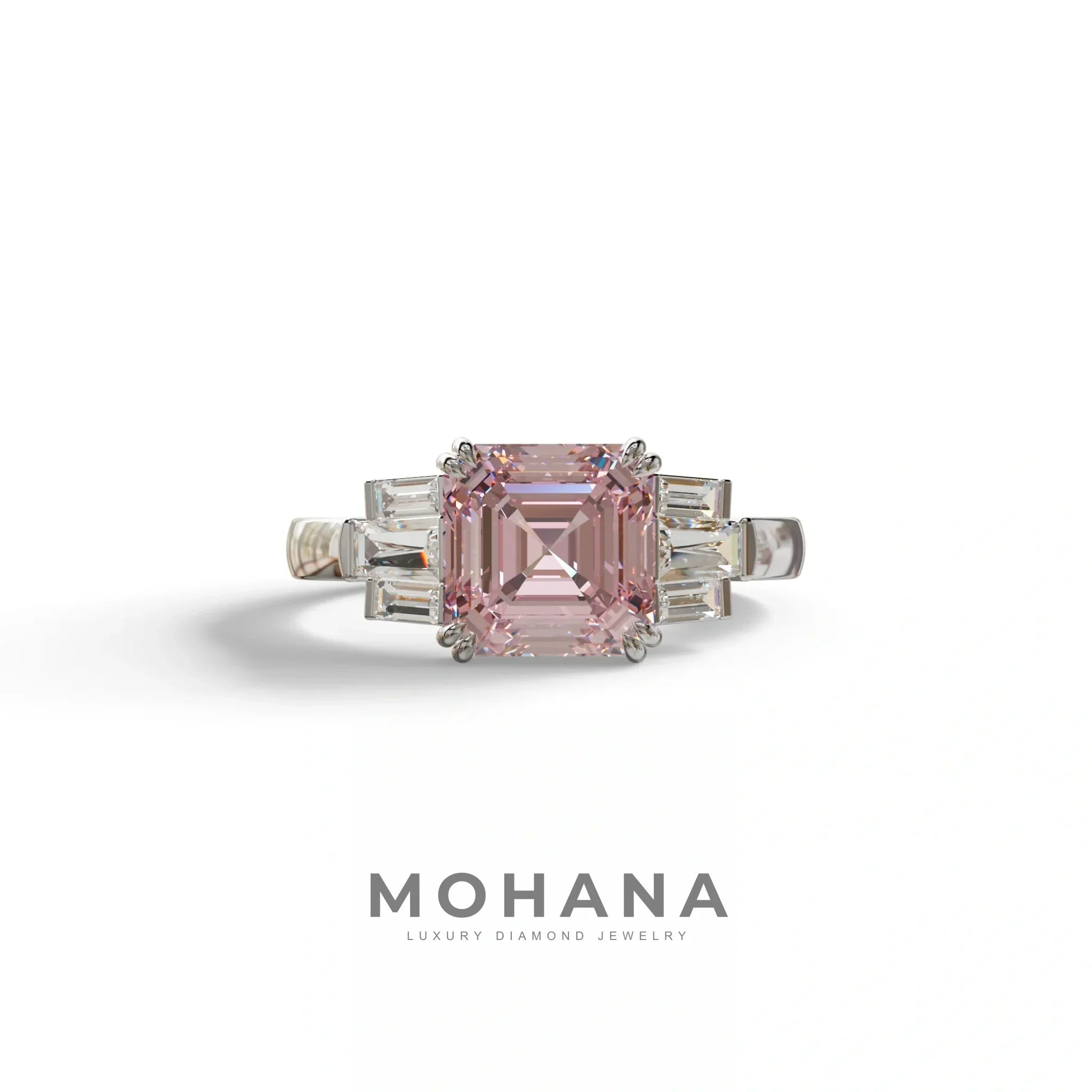3 Ct Pink Asscher Cut Lab Diamond Double Claw Prong Setting - Celestial - 10K Solid Gold / White Gold