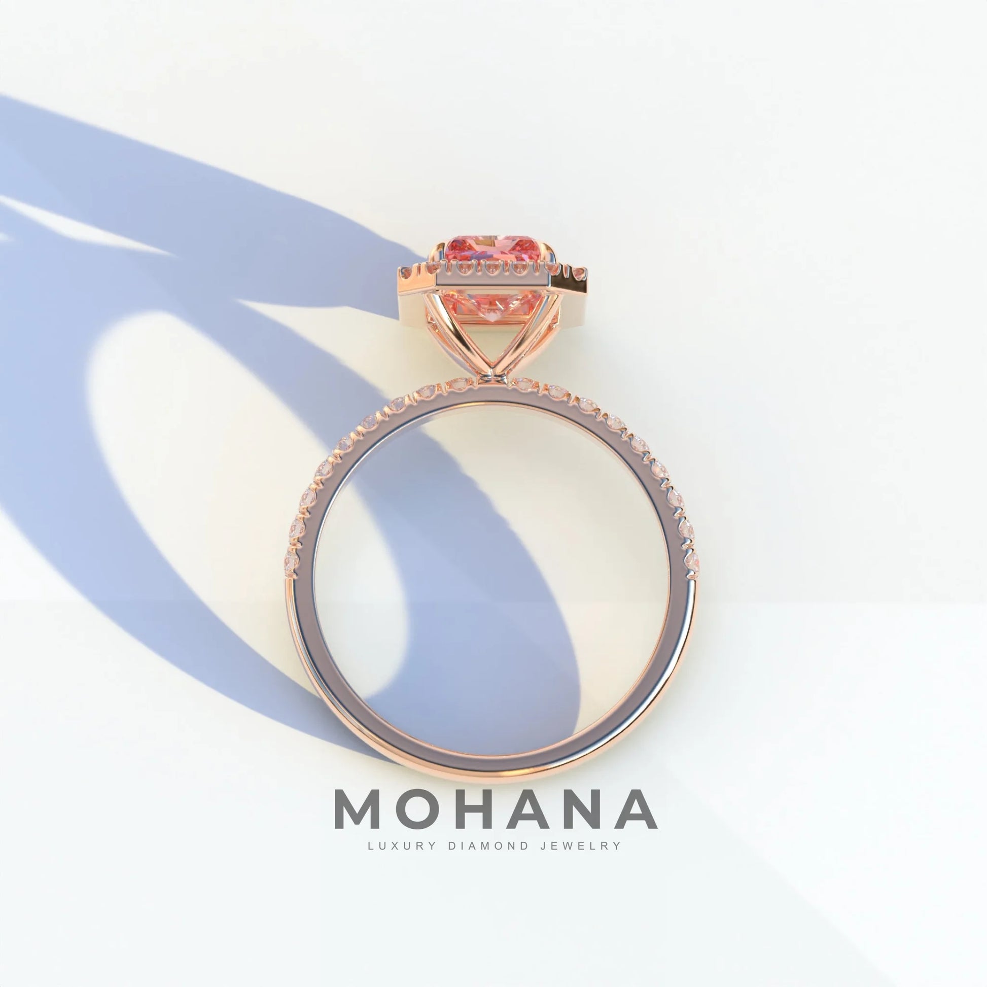 3 Ct Pink Radiant Cut Lab Diamond Halo & Pave Setting Ring - Madison