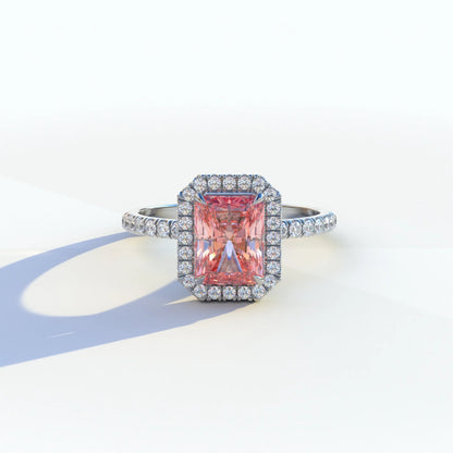 3 Ct Pink Radiant Cut Lab Diamond Halo & Pave Setting Ring - Madison - 10K Solid Gold / White Gold