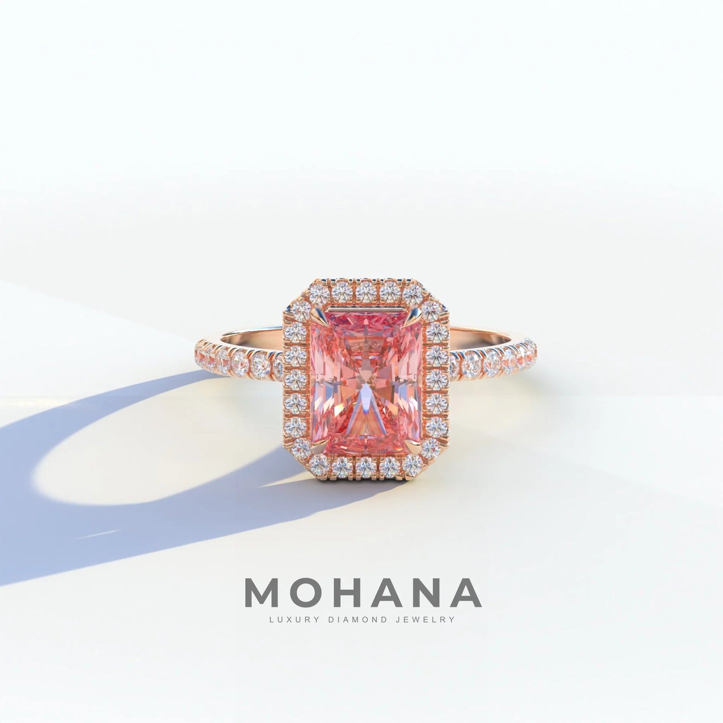 3 Ct Pink Radiant Cut Lab Diamond Halo & Pave Setting Ring - Madison - 10K Solid Gold / Rose Gold