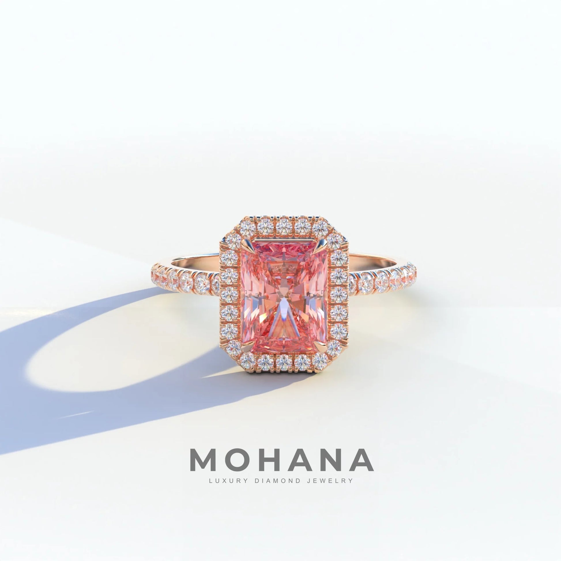 3 Ct Pink Radiant Cut Lab Diamond Halo & Pave Setting Ring - Madison - 10K Solid Gold / Rose Gold