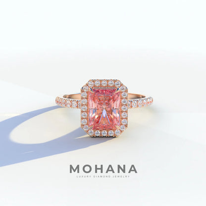 3 Ct Pink Radiant Cut Lab Diamond Halo & Pave Setting Ring - Madison - 10K Solid Gold / Rose Gold