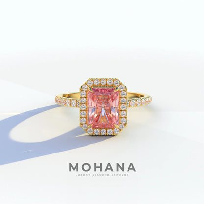 3 Ct Pink Radiant Cut Lab Diamond Halo & Pave Setting Ring - Madison - 10K Solid Gold / Yellow Gold