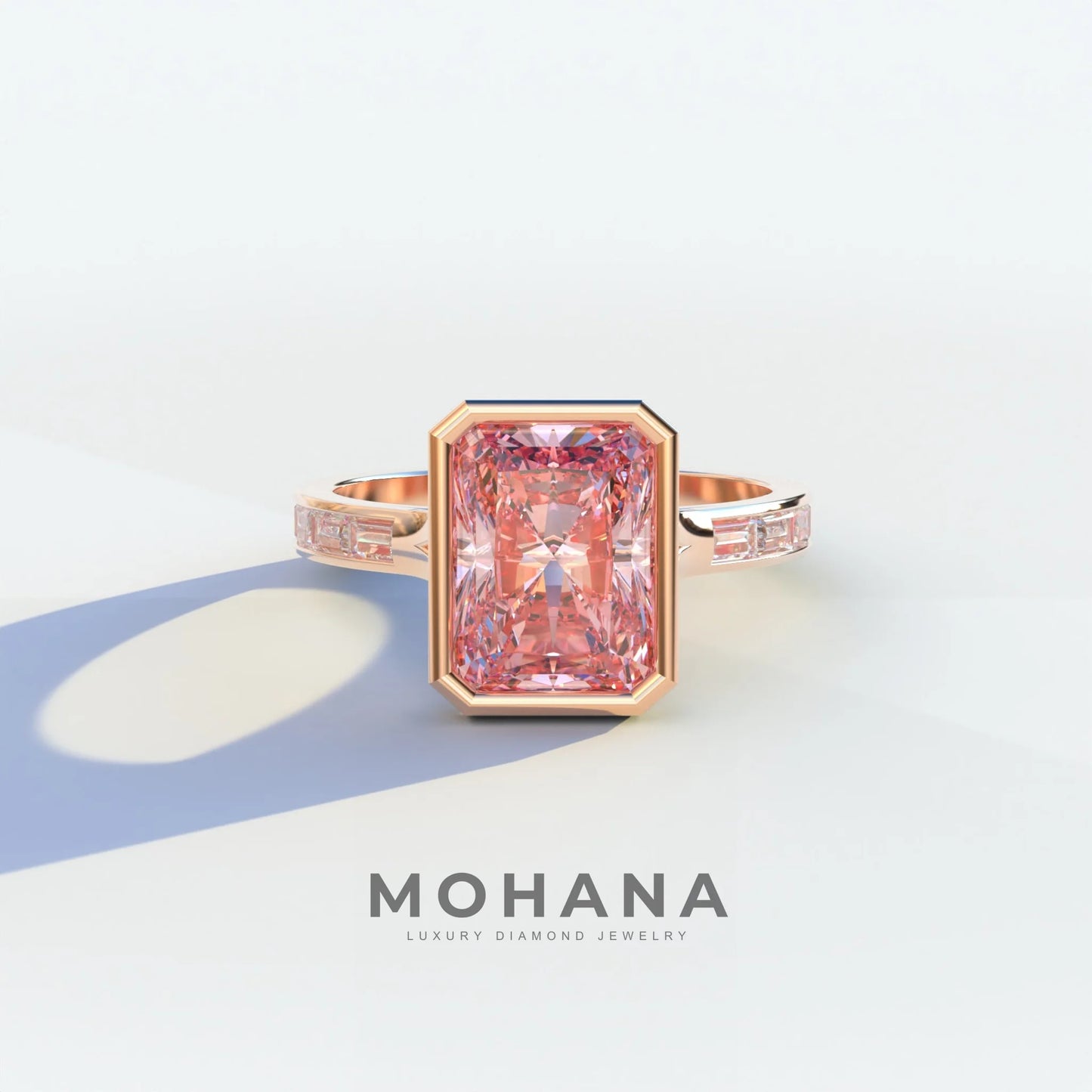 3 Ct Radiant Cut Pink Color Lab Diamond Ring - Olympia - 10K Solid Gold / Rose Gold