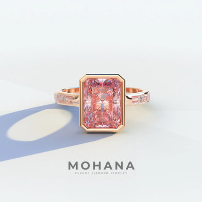 3 Ct Radiant Cut Pink Color Lab Diamond Ring - Olympia - 10K Solid Gold / Rose Gold