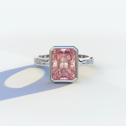 3 Ct Radiant Cut Pink Color Lab Diamond Ring - Olympia - 10K Solid Gold / White Gold